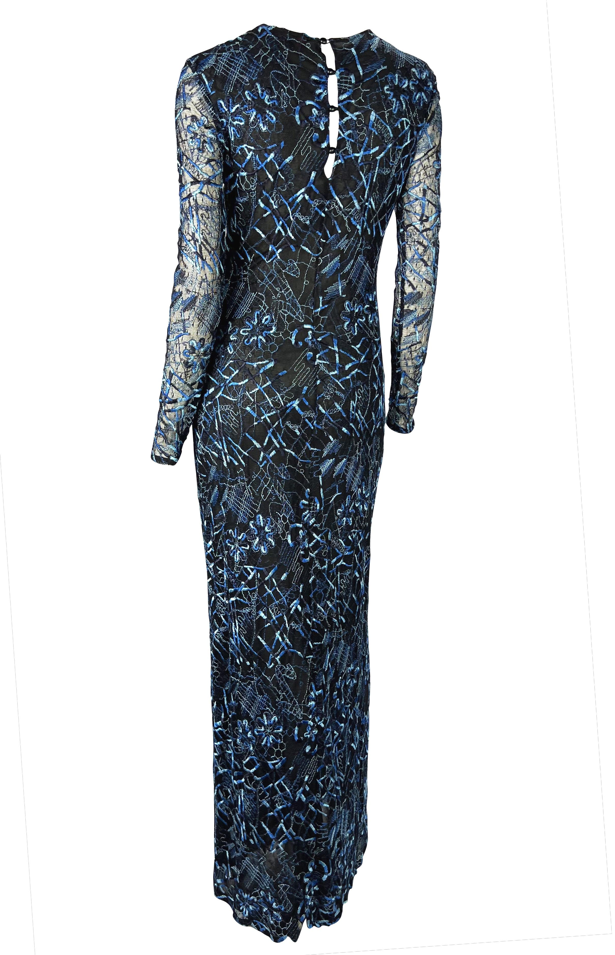 S/S 1998 Christian Lacroix Black Stretch Sheer Mesh Blue Embroidered Maxi Dress For Sale 1
