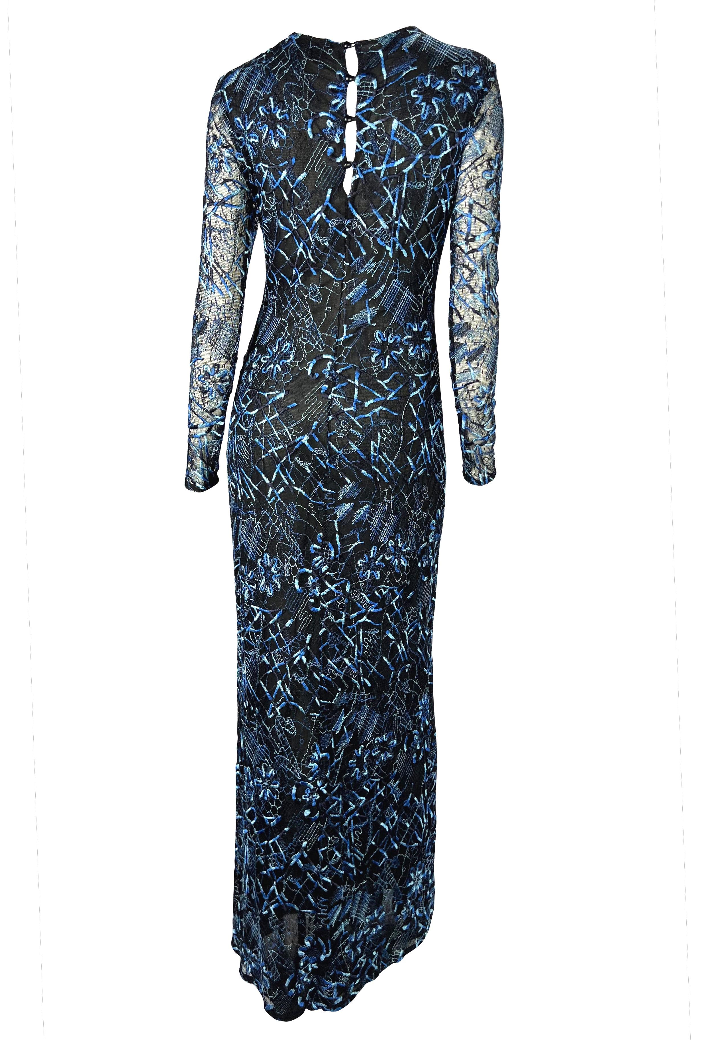 S/S 1998 Christian Lacroix Black Stretch Sheer Mesh Blue Embroidered Maxi Dress For Sale 2