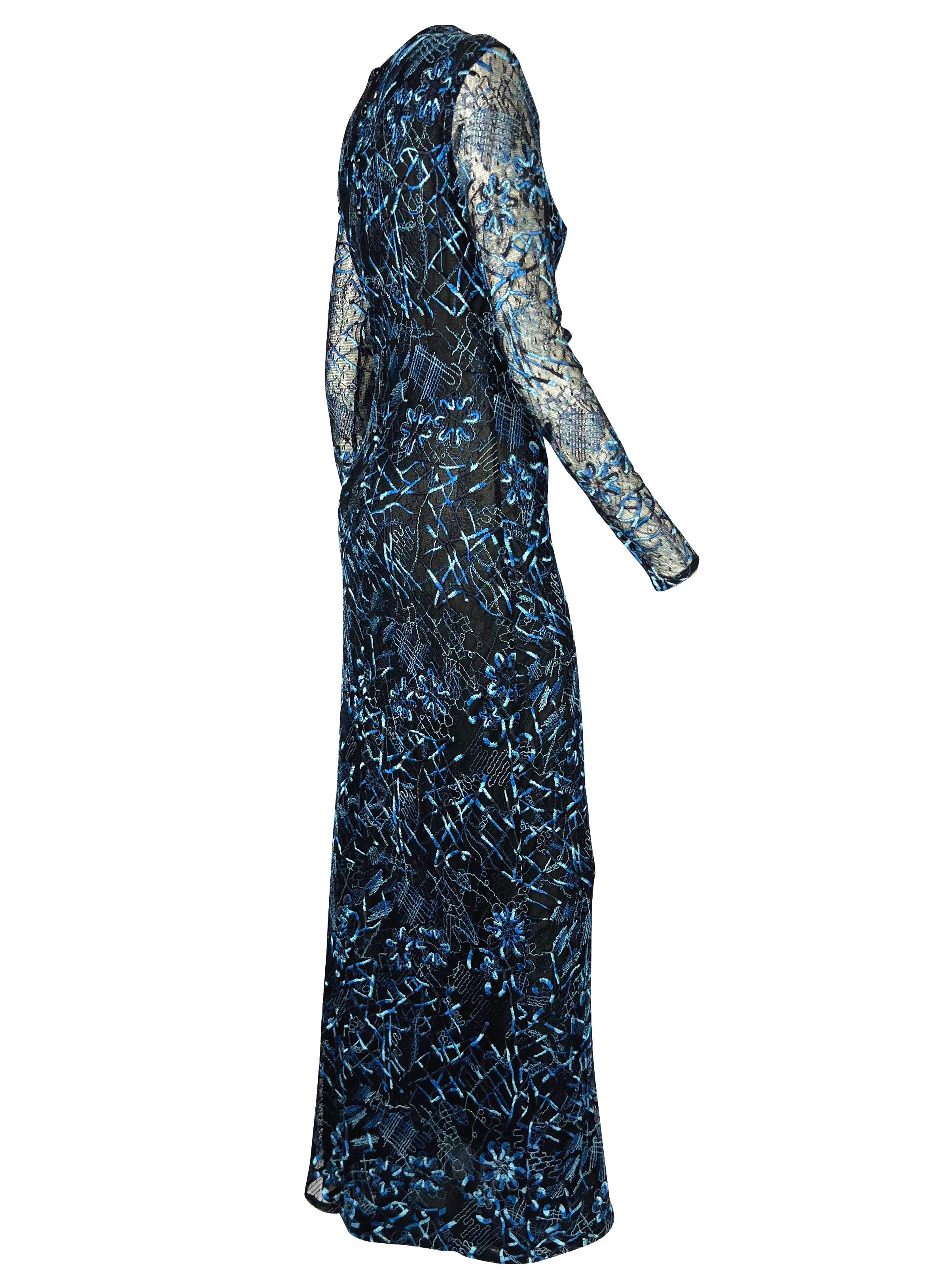 S/S 1998 Christian Lacroix Black Stretch Sheer Mesh Blue Embroidered Maxi Dress For Sale 3