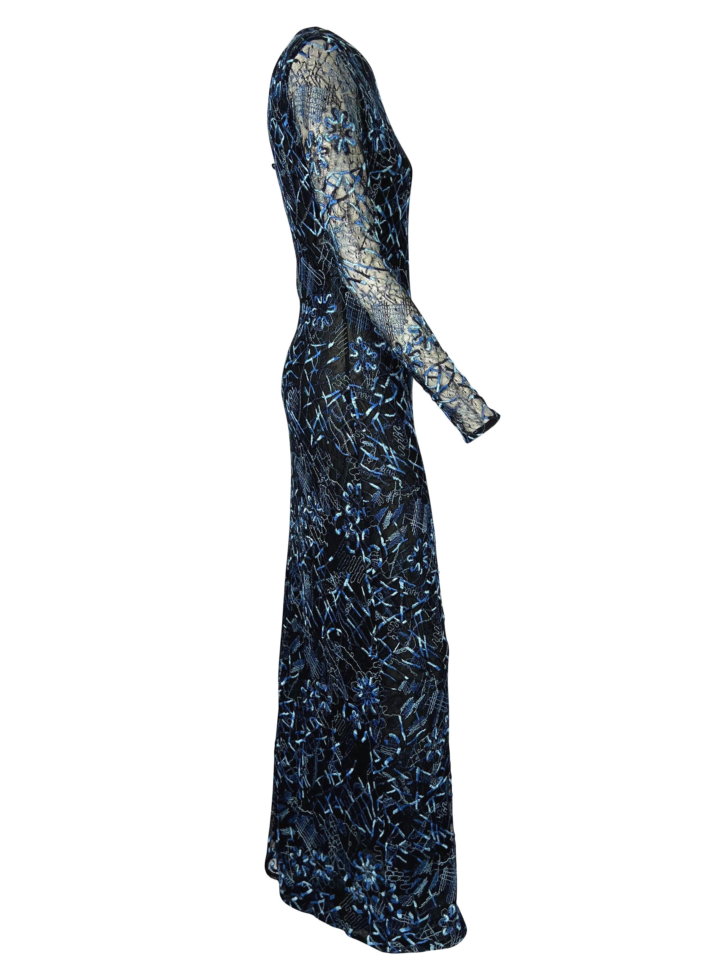 S/S 1998 Christian Lacroix Black Stretch Sheer Mesh Blue Embroidered Maxi Dress For Sale 4