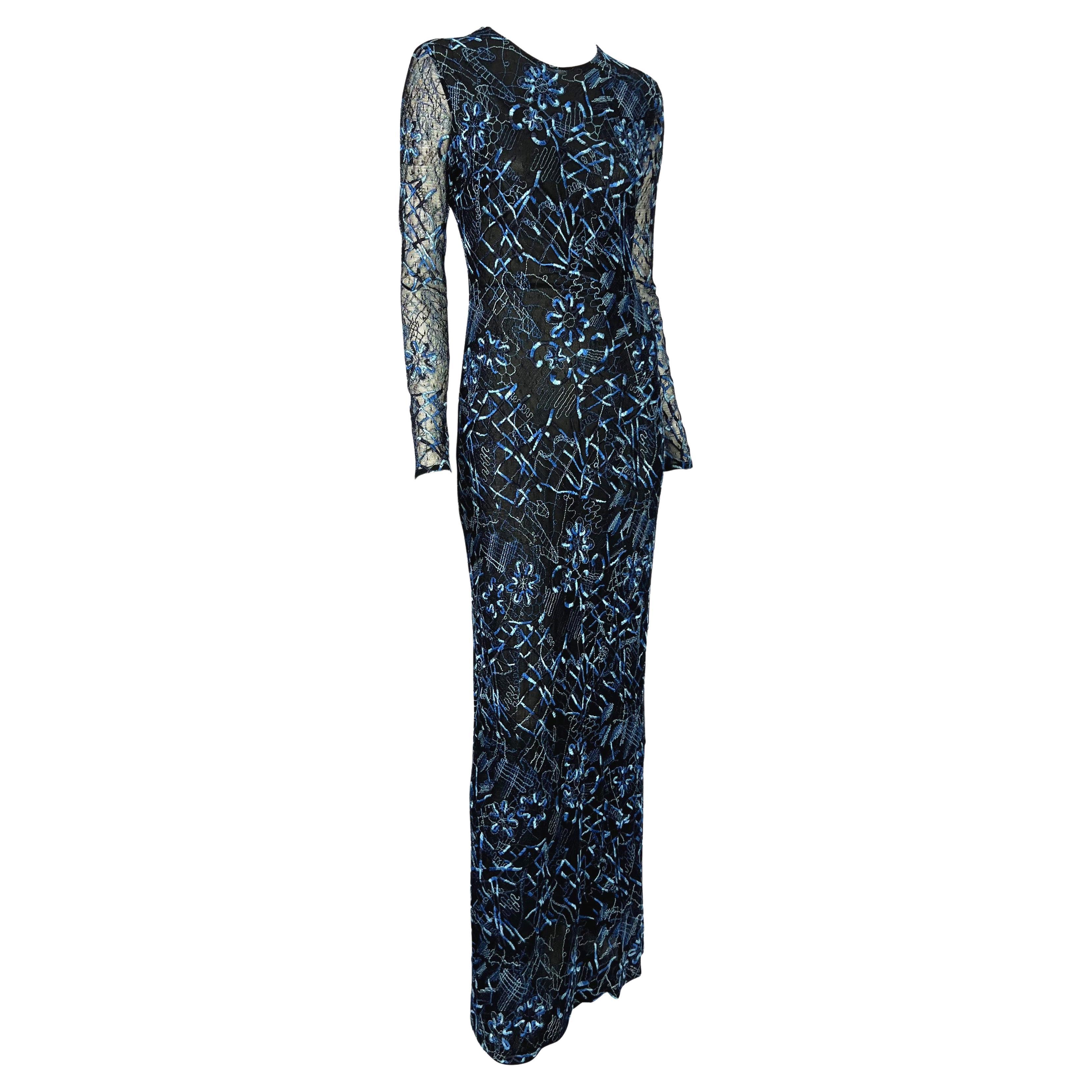 S/S 1998 Christian Lacroix Black Stretch Sheer Mesh Blue Embroidered Maxi Dress For Sale 5