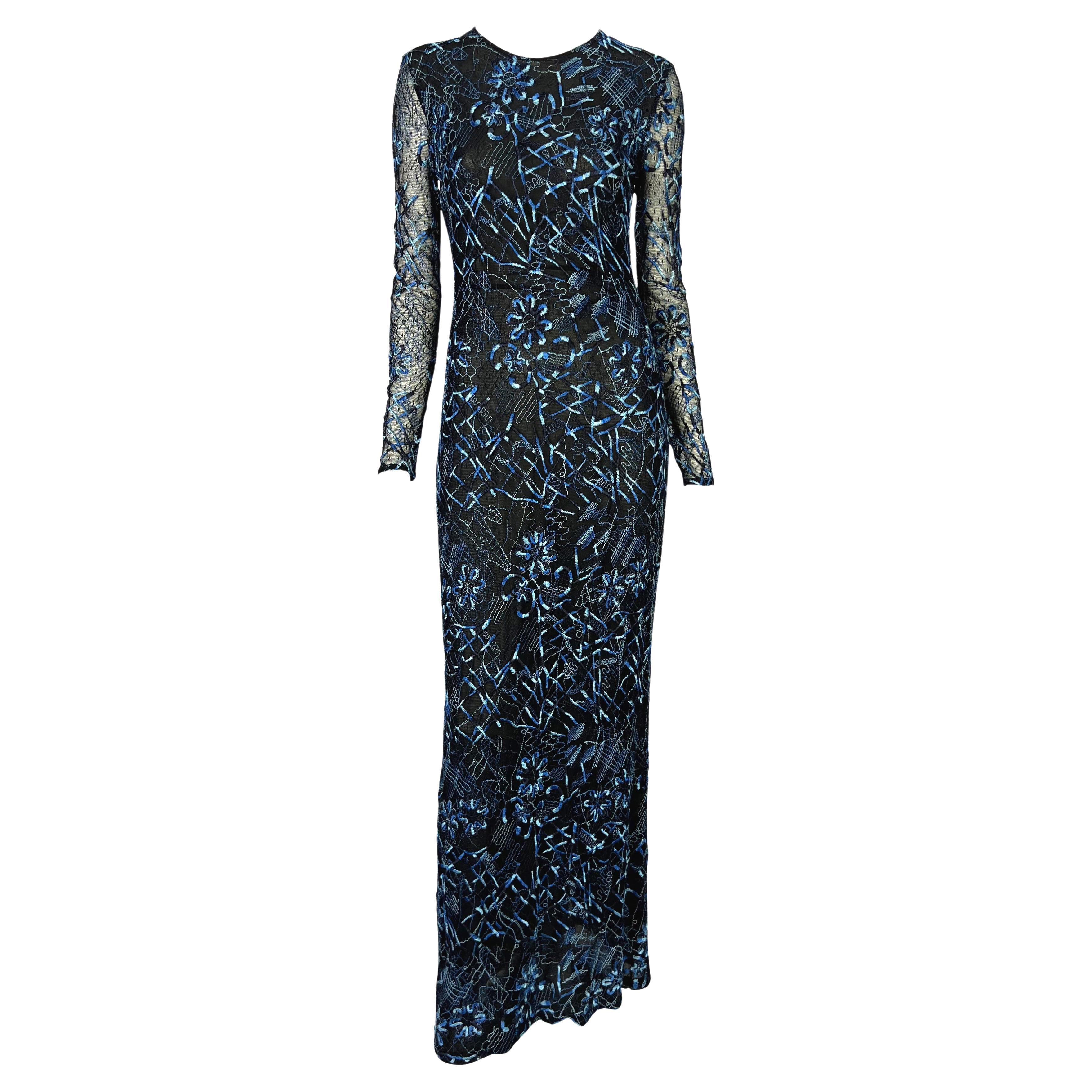 1990s Christian Lacroix Black Stretch Sheer Mesh Blue Embroidered Maxi Dress