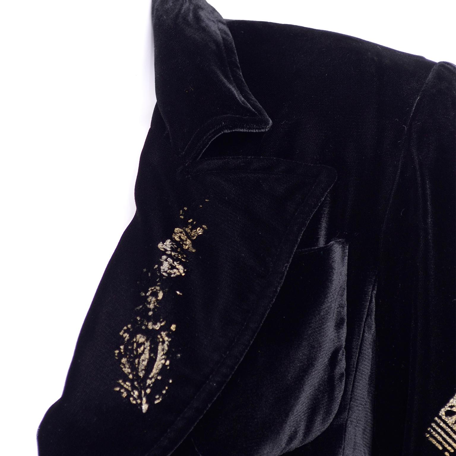 Women's 1990s Christian Lacroix Black Velvet Blazer Gold Stencil Stamped Pattern Jacket 