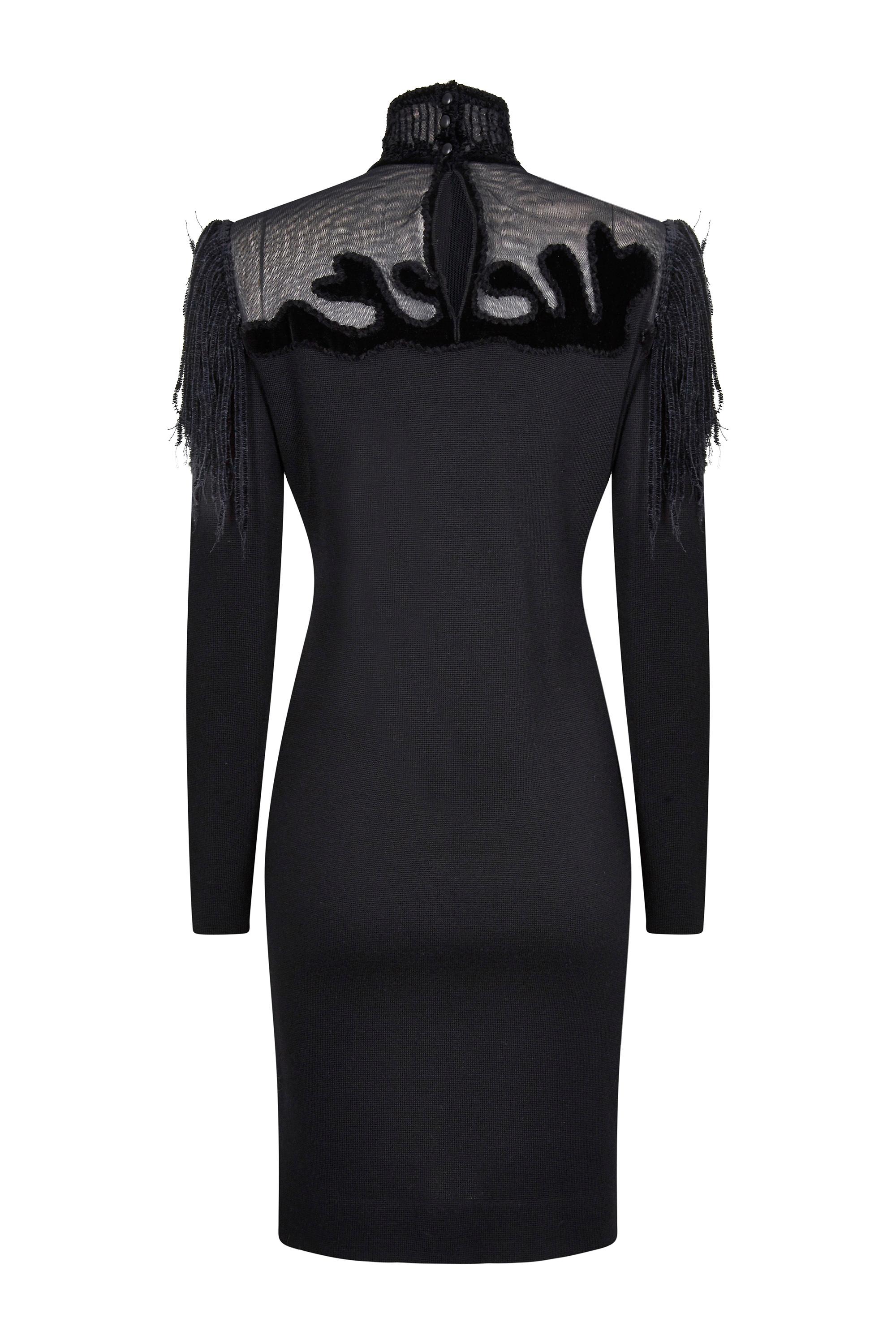 1990s Christian Lacroix Black Wool Jersey And Net Gown With Velvet Inserts In Excellent Condition In London, GB