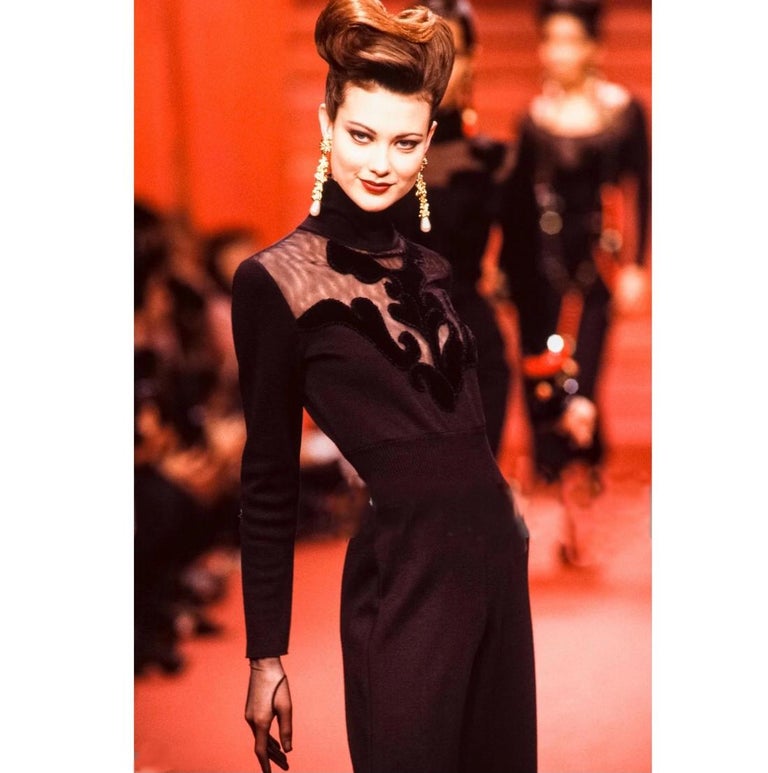 1990s Christian Lacroix Black Wool Jersey And Net Gown With Velvet Inserts For Sale 4