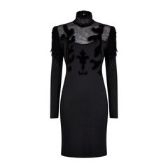 1990s Christian Lacroix Black Wool Jersey And Net Gown With Velvet Inserts