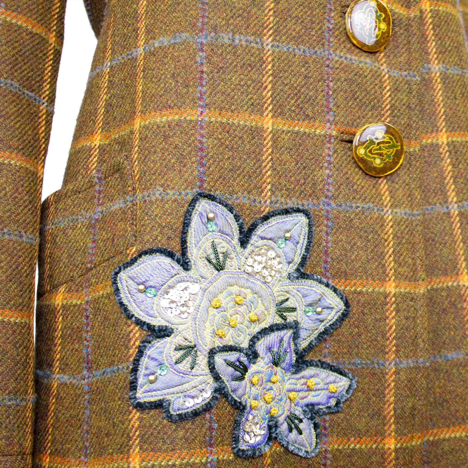 1990s Christian Lacroix Brown Plaid Jacket with Blue Floral Appliques  In Good Condition For Sale In Toronto, Ontario