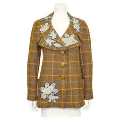 Retro 1990s Christian Lacroix Brown Plaid Jacket with Blue Floral Appliques 