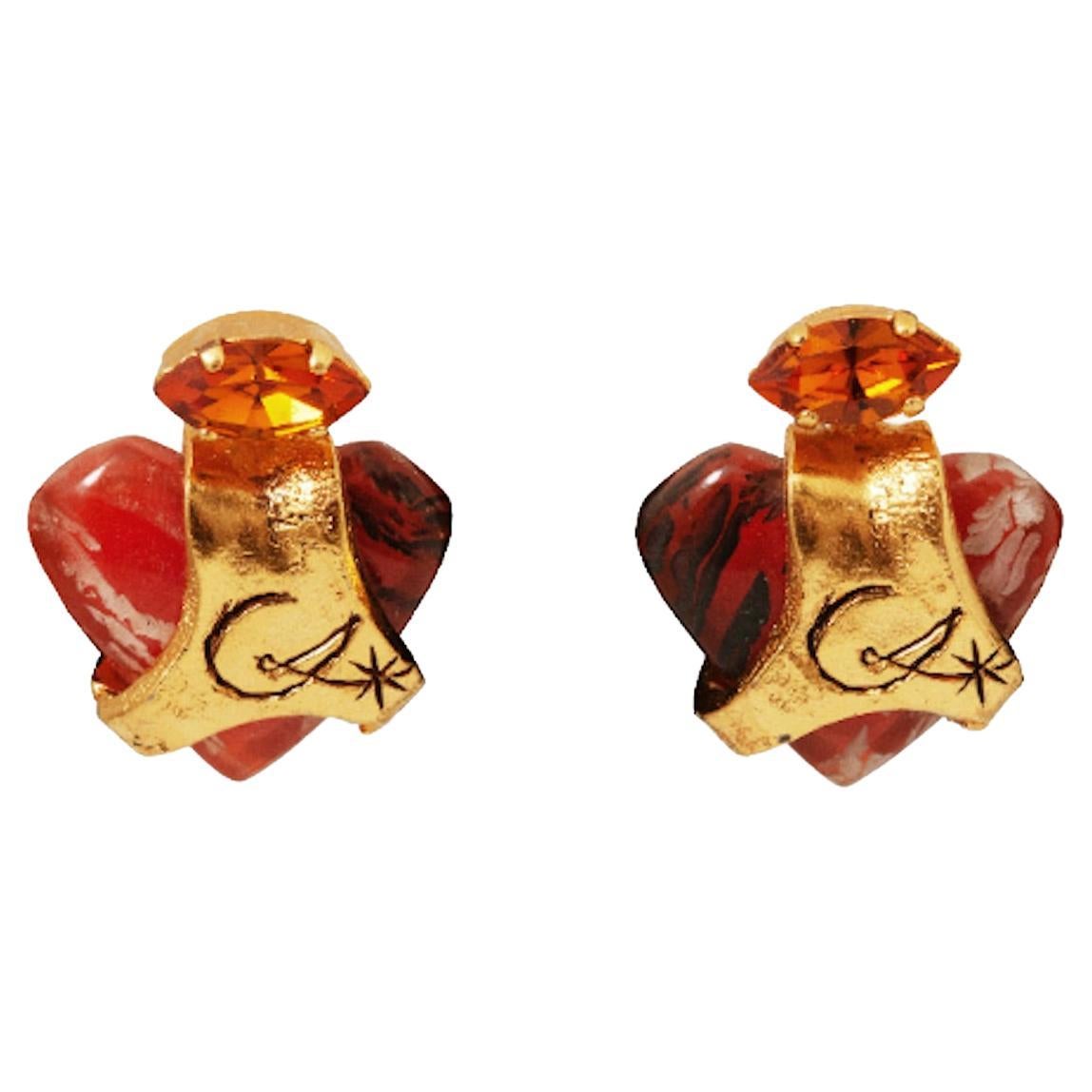 1990s Christian Lacroix Gold Heart Clip-on Earrings For Sale