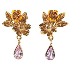 1990s Christian Lacroix Gold Tone Crystal Drop Earrings