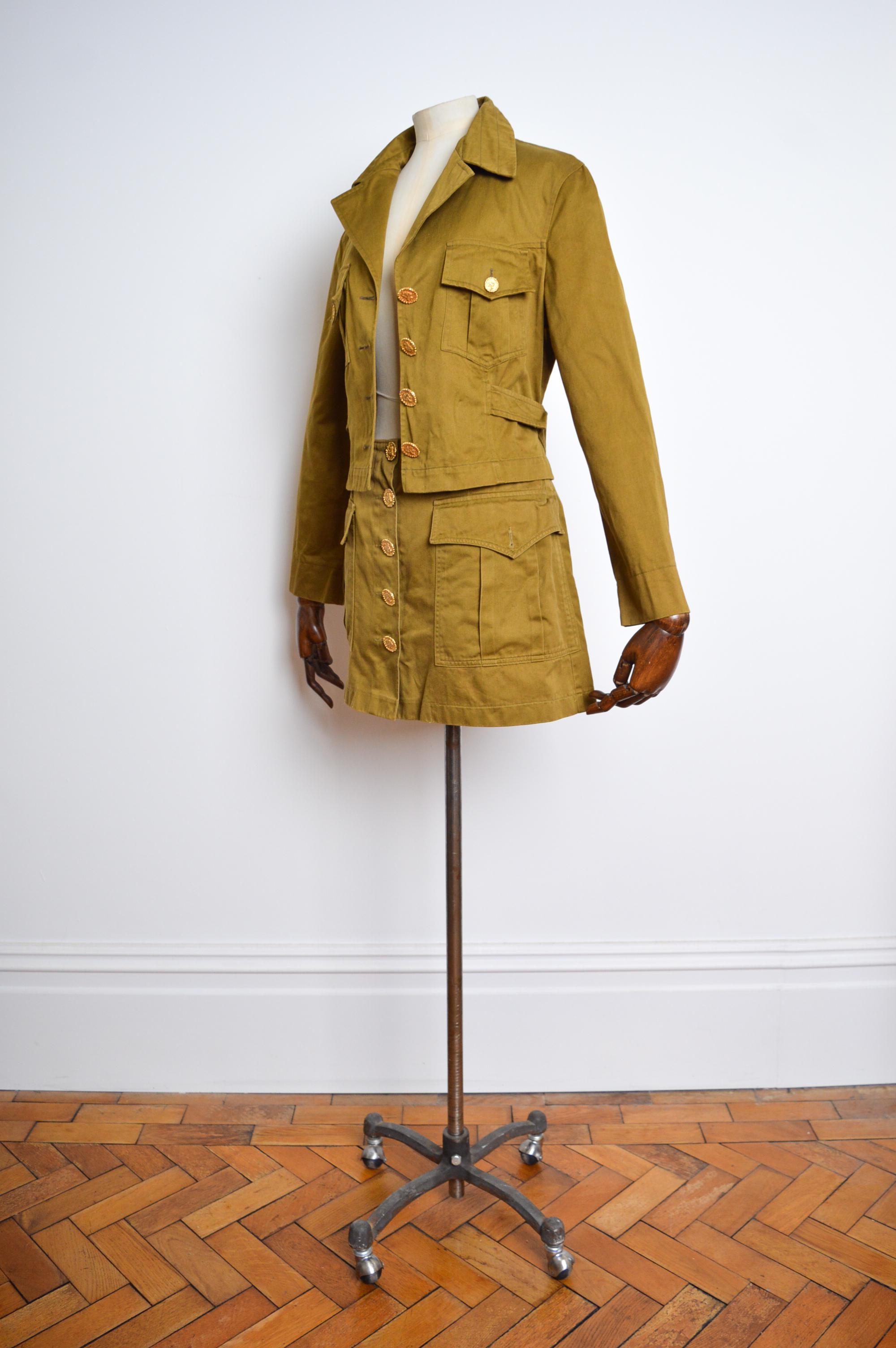 1990's Christian Lacroix Khaki Green & Gold Jacket Mini Skirt Set - 2 Piece Suit For Sale 6