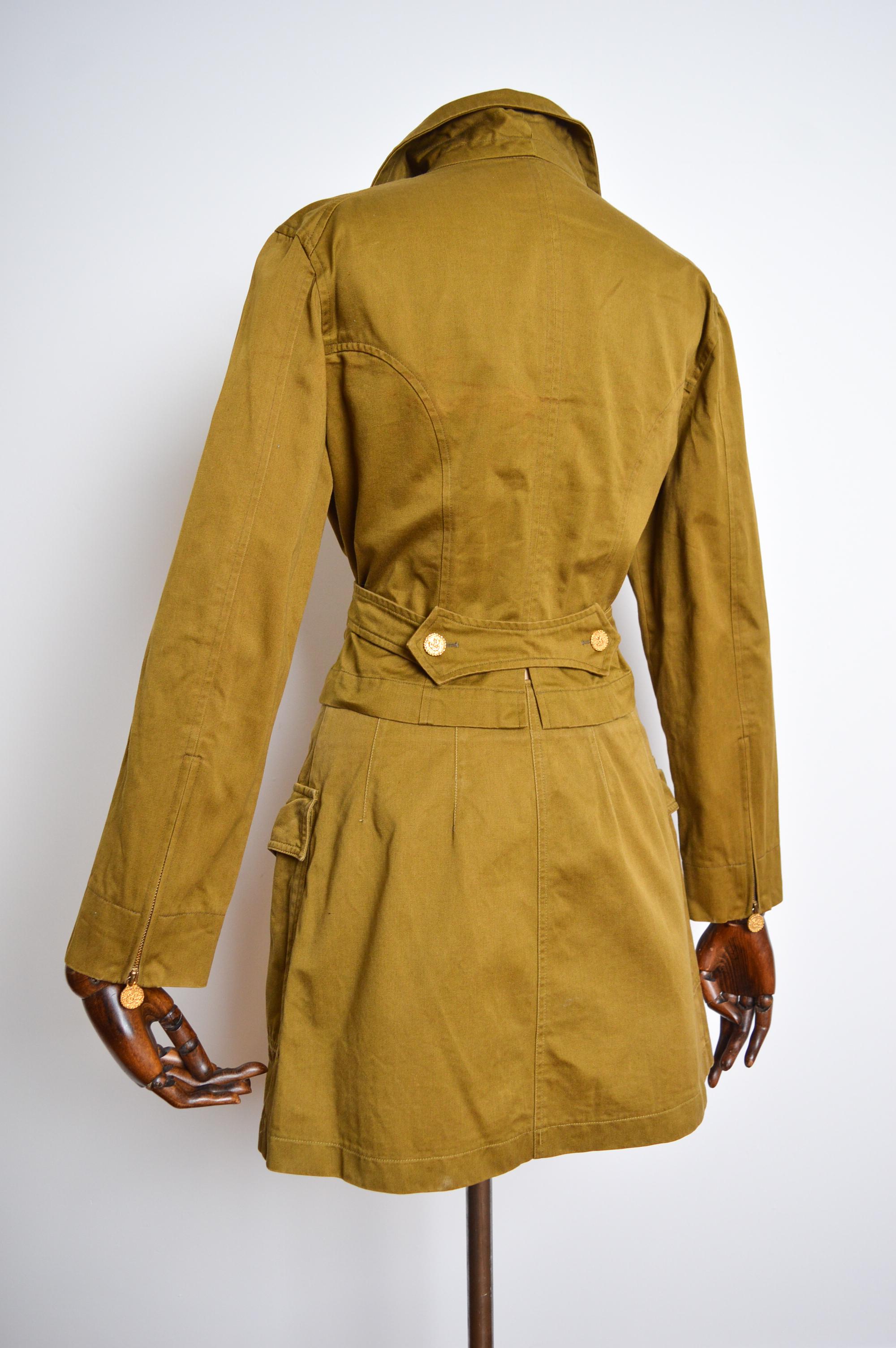 1990's Christian Lacroix Khaki Green & Gold Jacket Mini Skirt Set - 2 Piece Suit For Sale 7