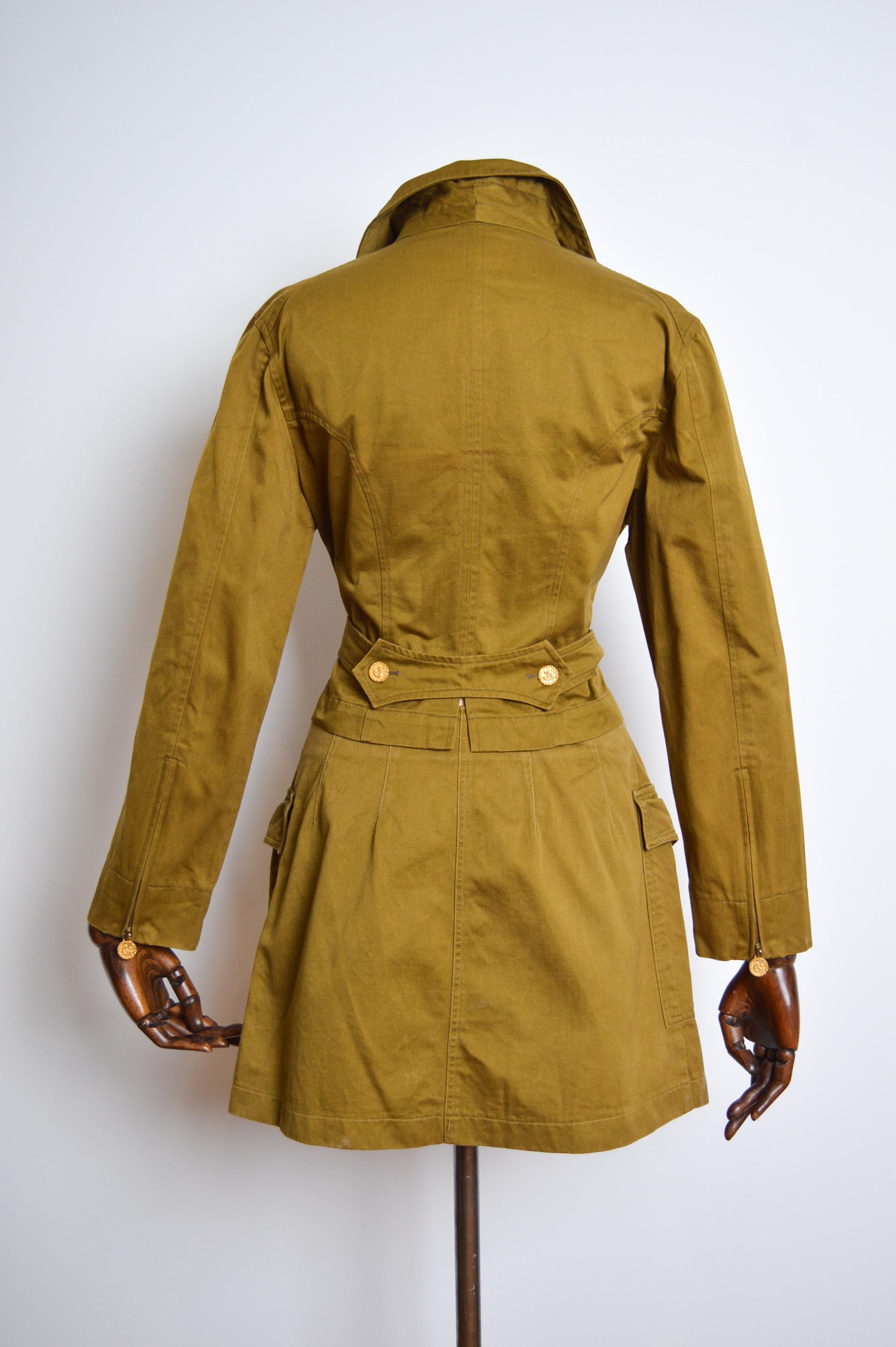 1990's Christian Lacroix Khaki Green & Gold Jacket Mini Skirt Set - 2 Piece Suit For Sale 10