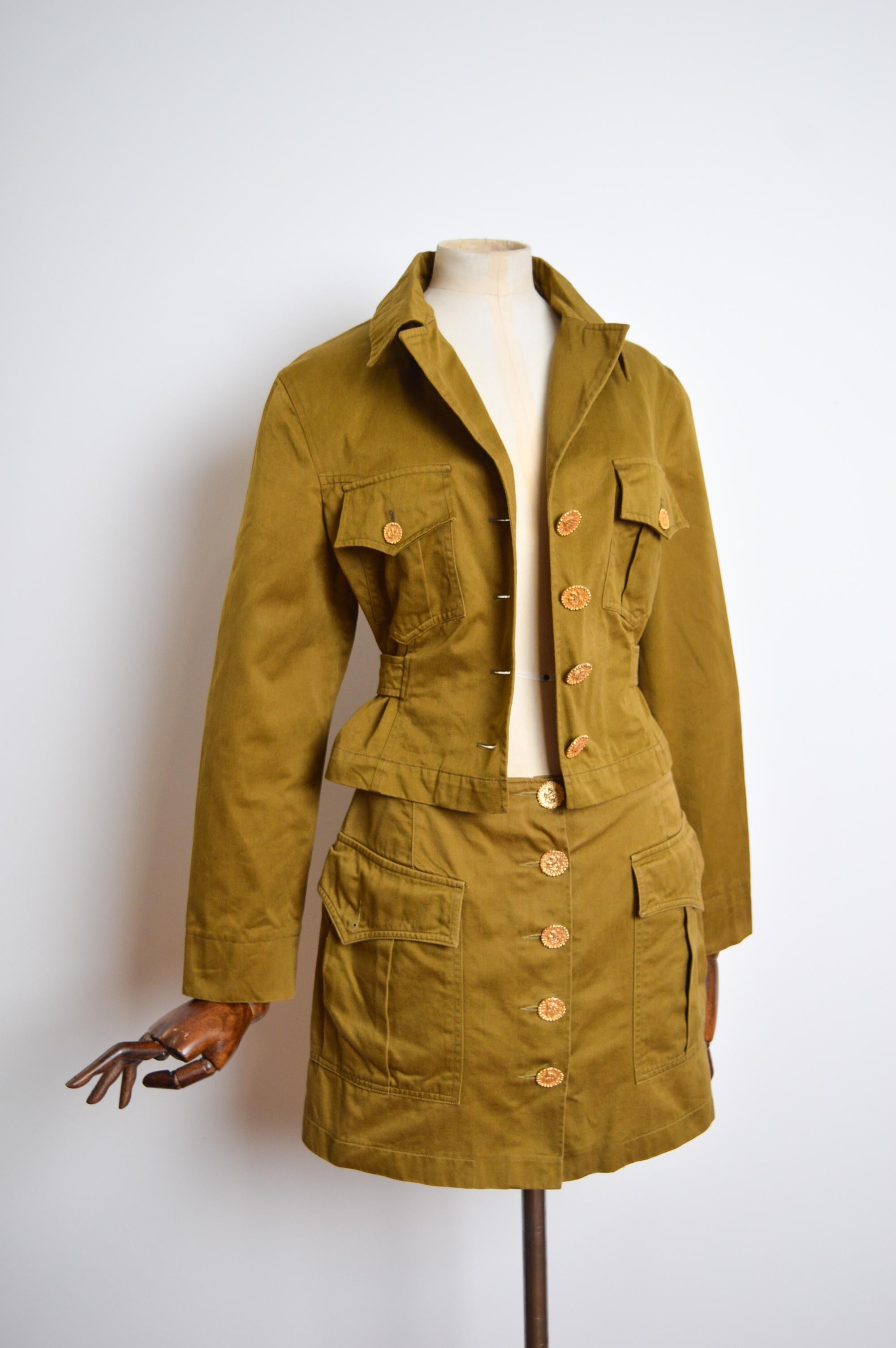 1990's Christian Lacroix Khaki Green & Gold Jacket Mini Skirt Set - 2 Piece Suit For Sale 12