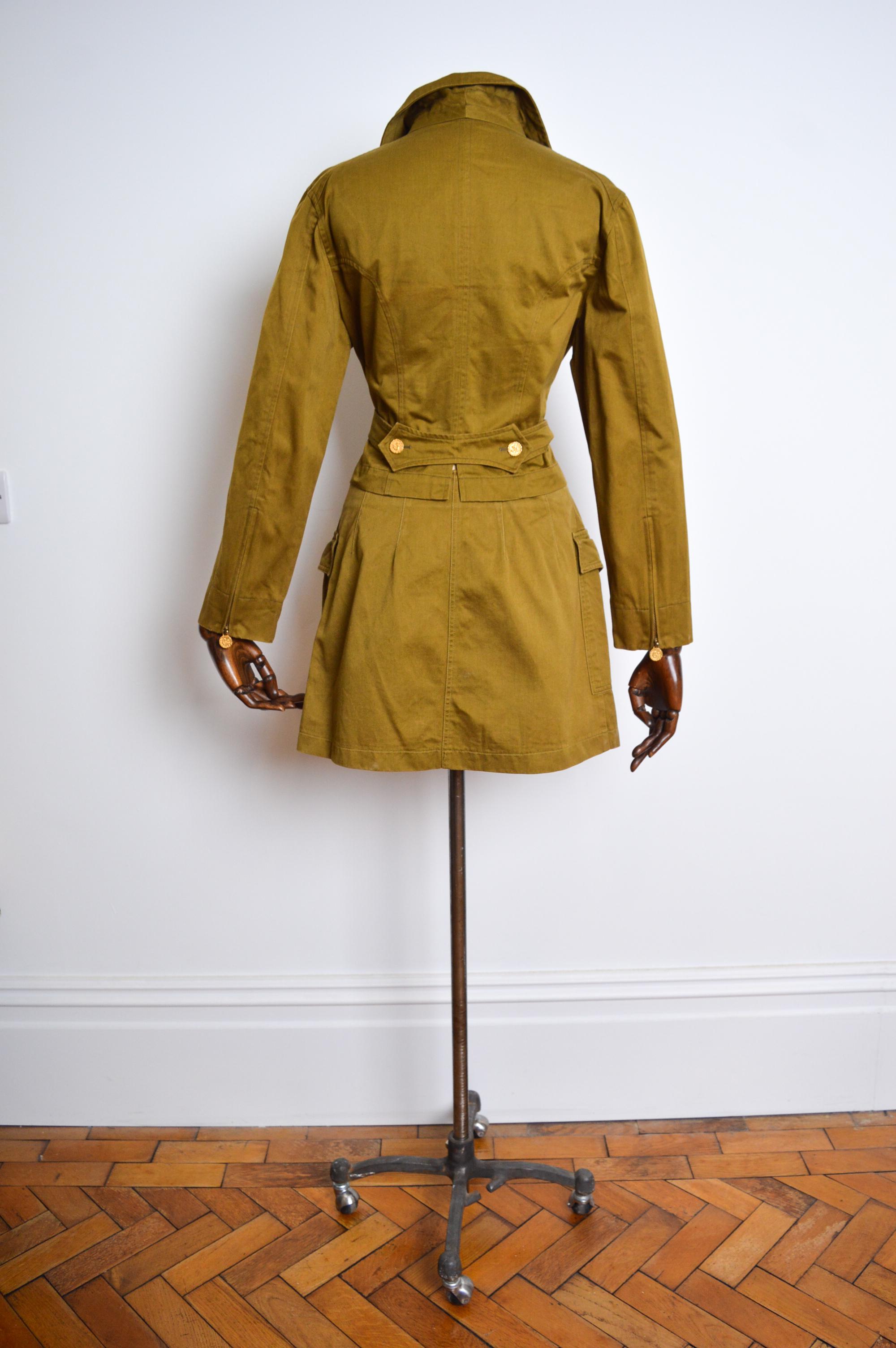 1990's Christian Lacroix Khaki Green & Gold Jacket Mini Skirt Set - 2 Piece Suit For Sale 13