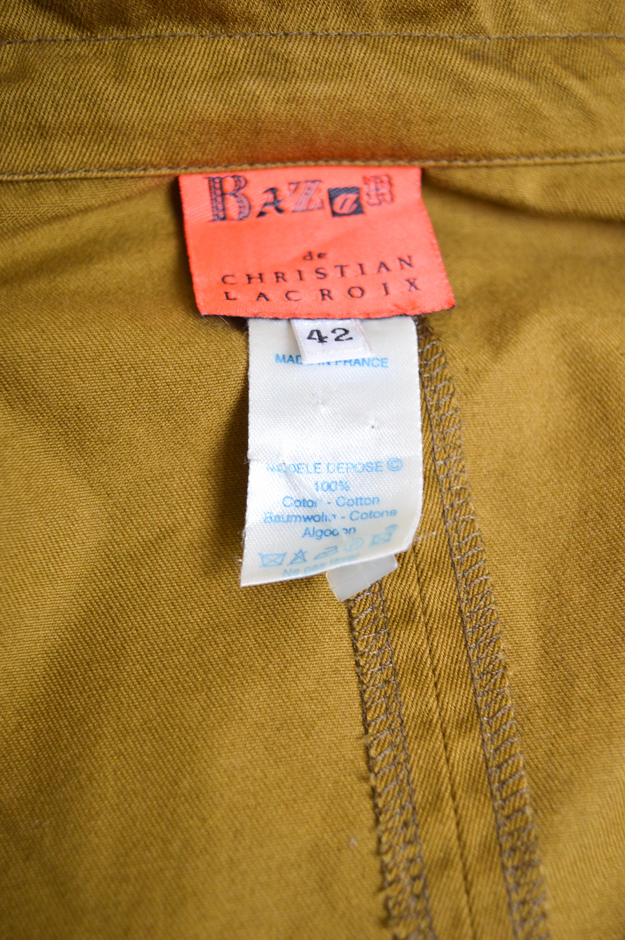 1990's Christian Lacroix Khaki Green & Gold Jacket Mini Skirt Set - 2 Piece Suit For Sale 4