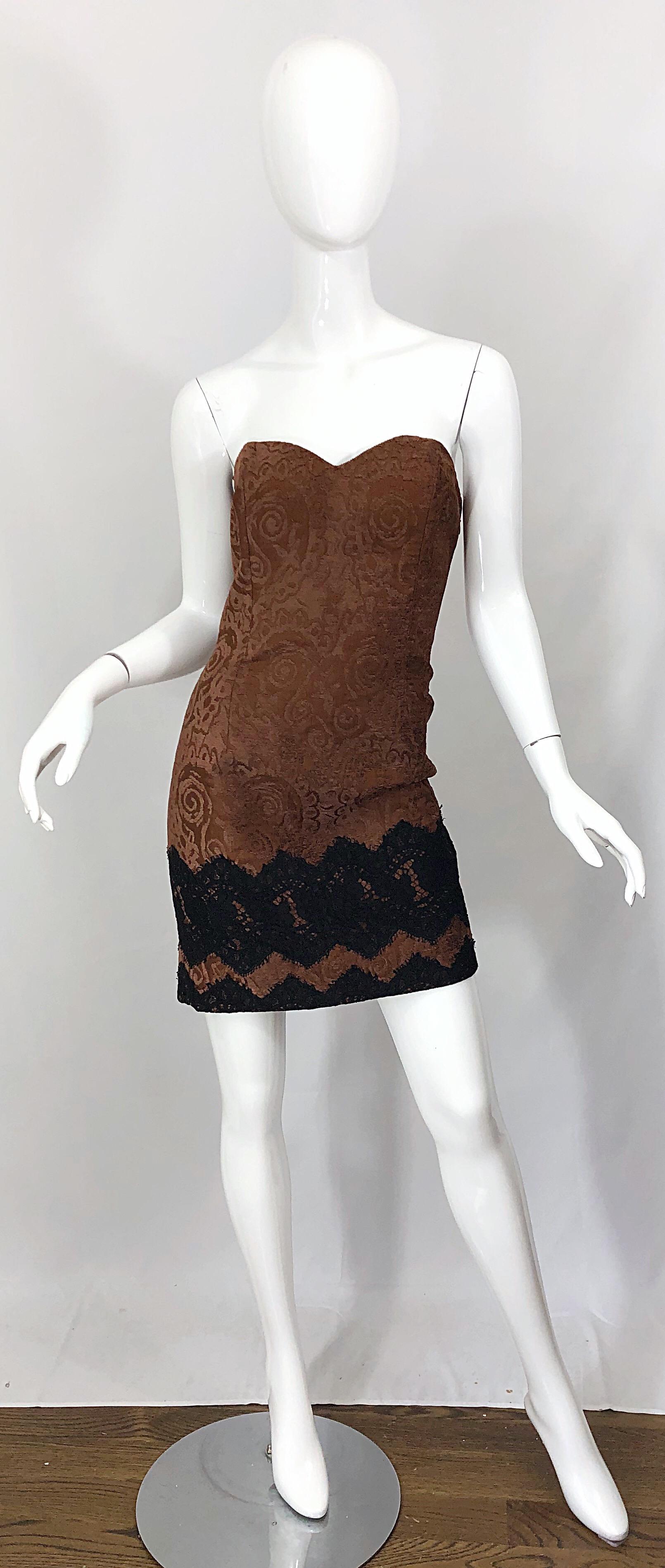 1990s Christian Lacroix Large Size Brown Black Silk Chenille 90s Mini Dress For Sale 7