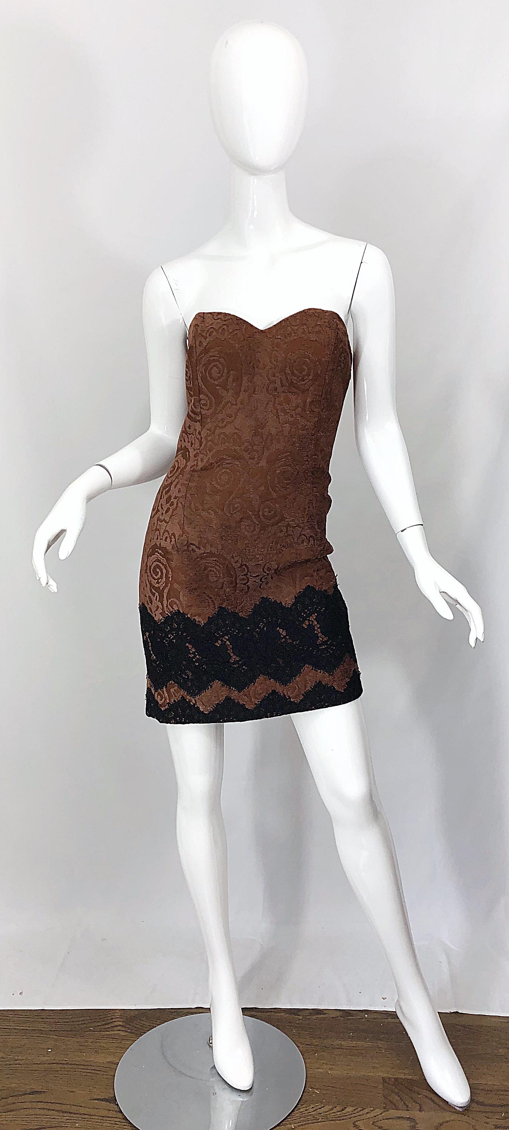 Gorgeous vintage 90s CHRISTIAN LACROIX brown and black silk chenille larger size strapless mini dress ! Features a beautiful brown silk chenille fabric embrodiered with hearts and paisley throughout. Black lace along the hem. Interior boned bodice