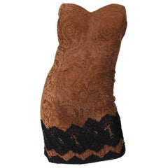Mini Vestido 90s Chenilla Seda Marrón Negro Christian Lacroix Gran Tamaño