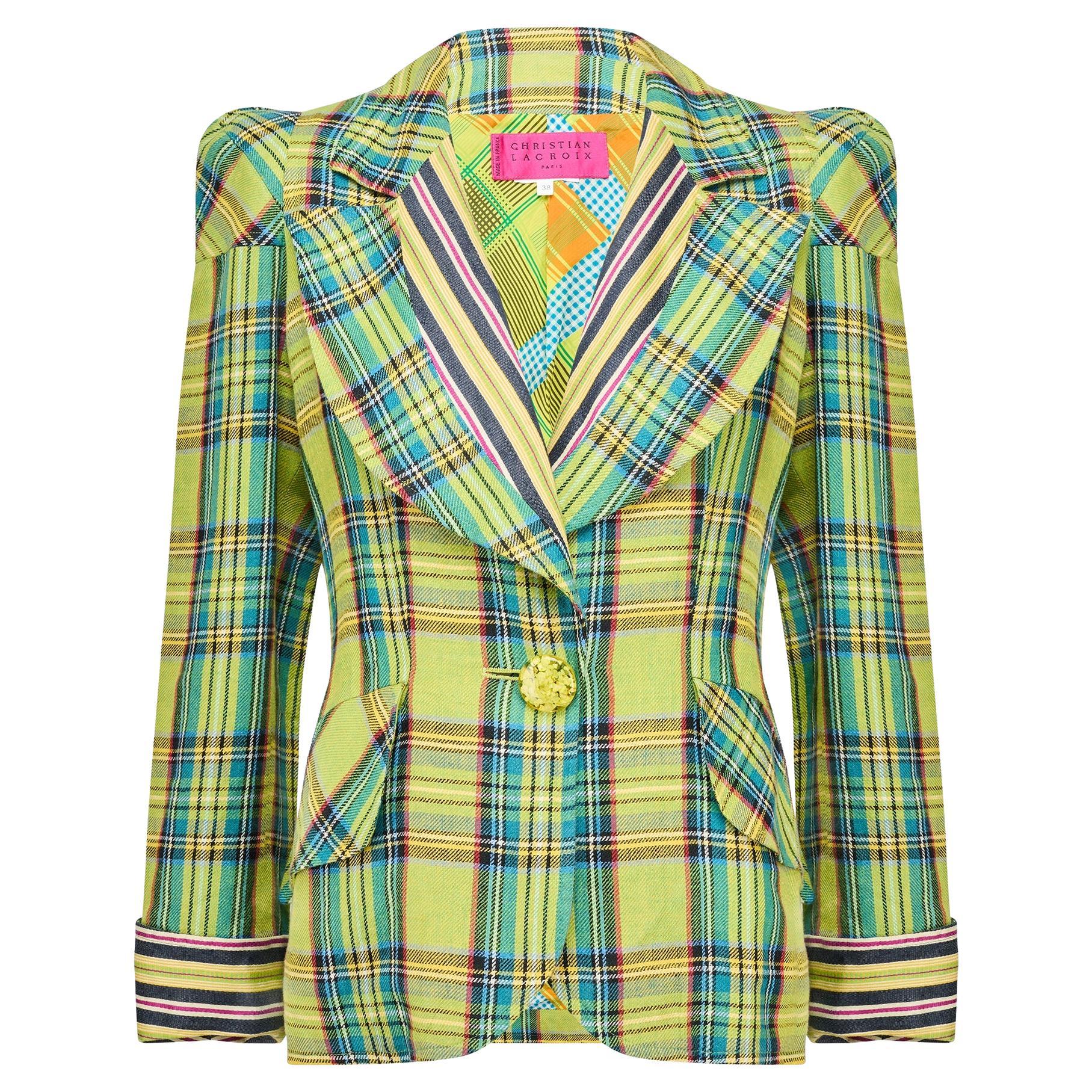 1990s Christian Lacroix Lime Green Tartan Jacket