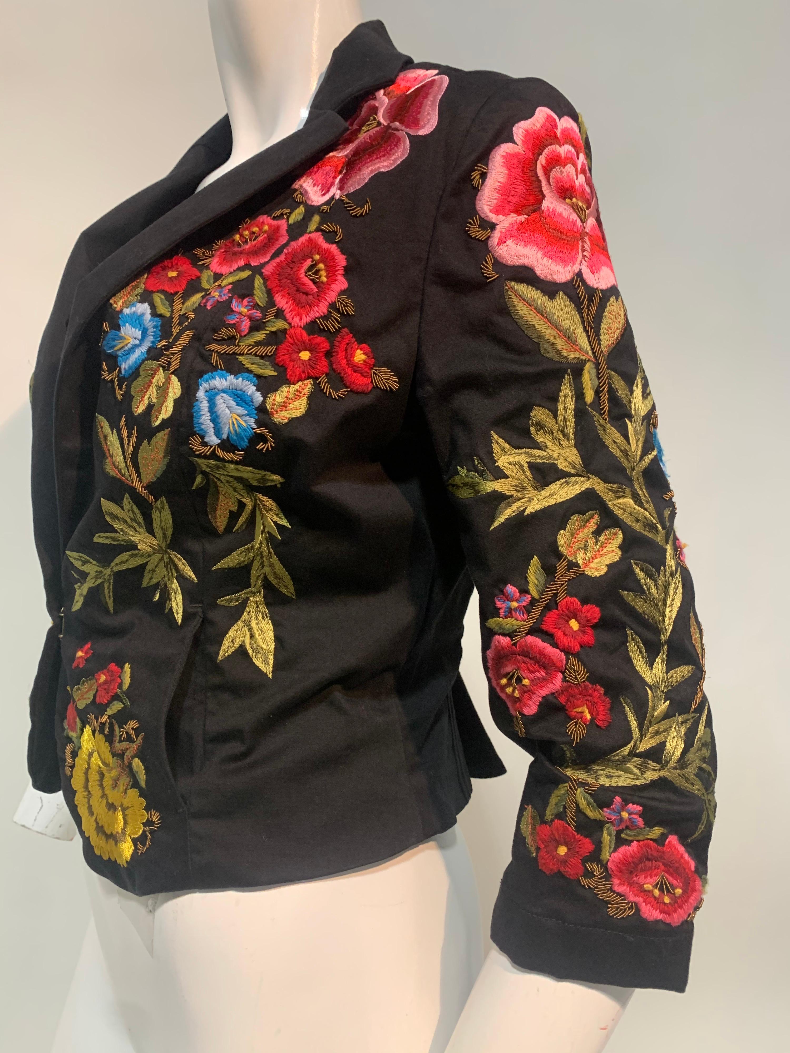 Women's 1990s Christian Lacroix Matador-Inspired Black Satin Jacket w/ Floral Embroidery