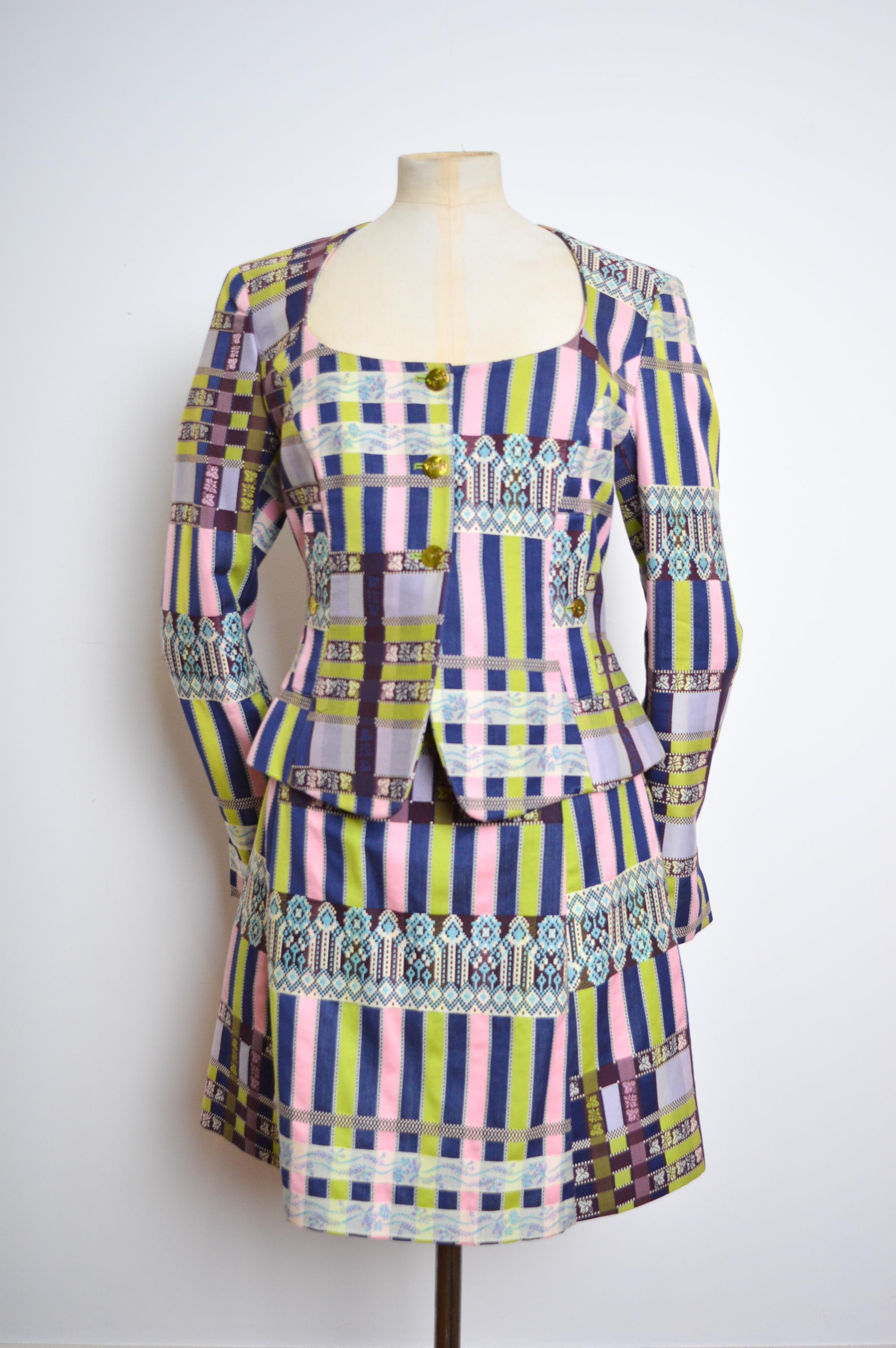 1990s Christian Lacroix matching Green Lilac Jacket Mini Skirt Set Jacquard Suit In Excellent Condition For Sale In Sheffield, GB