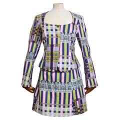 Años 90 Christian Lacroix a juego Verde Lila Chaqueta Minifalda Conjunto Traje Jacquard