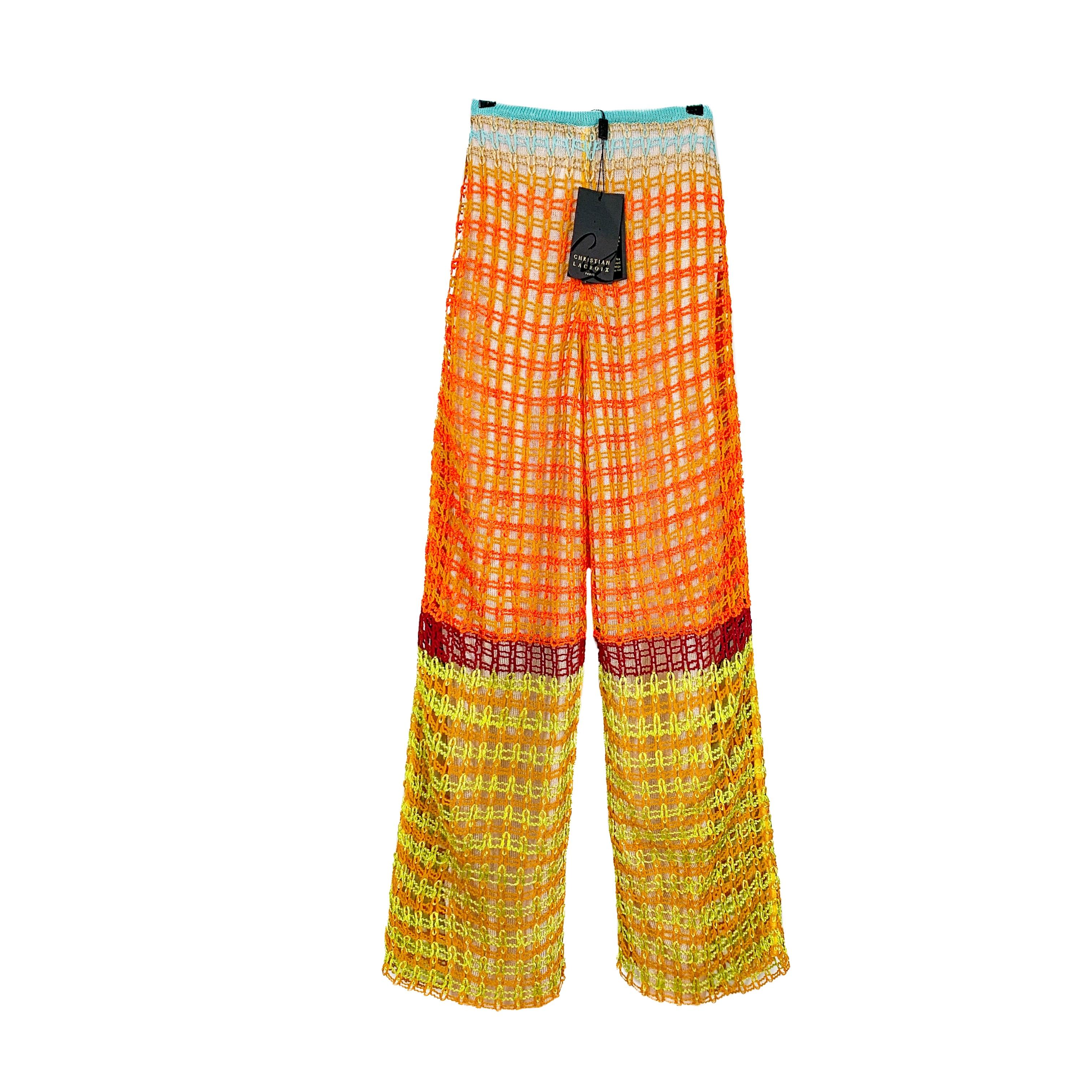 1990s Christian Lacroix Multicolor Fishnet Crochet Wide-Leg Trousers New w/Tags 4