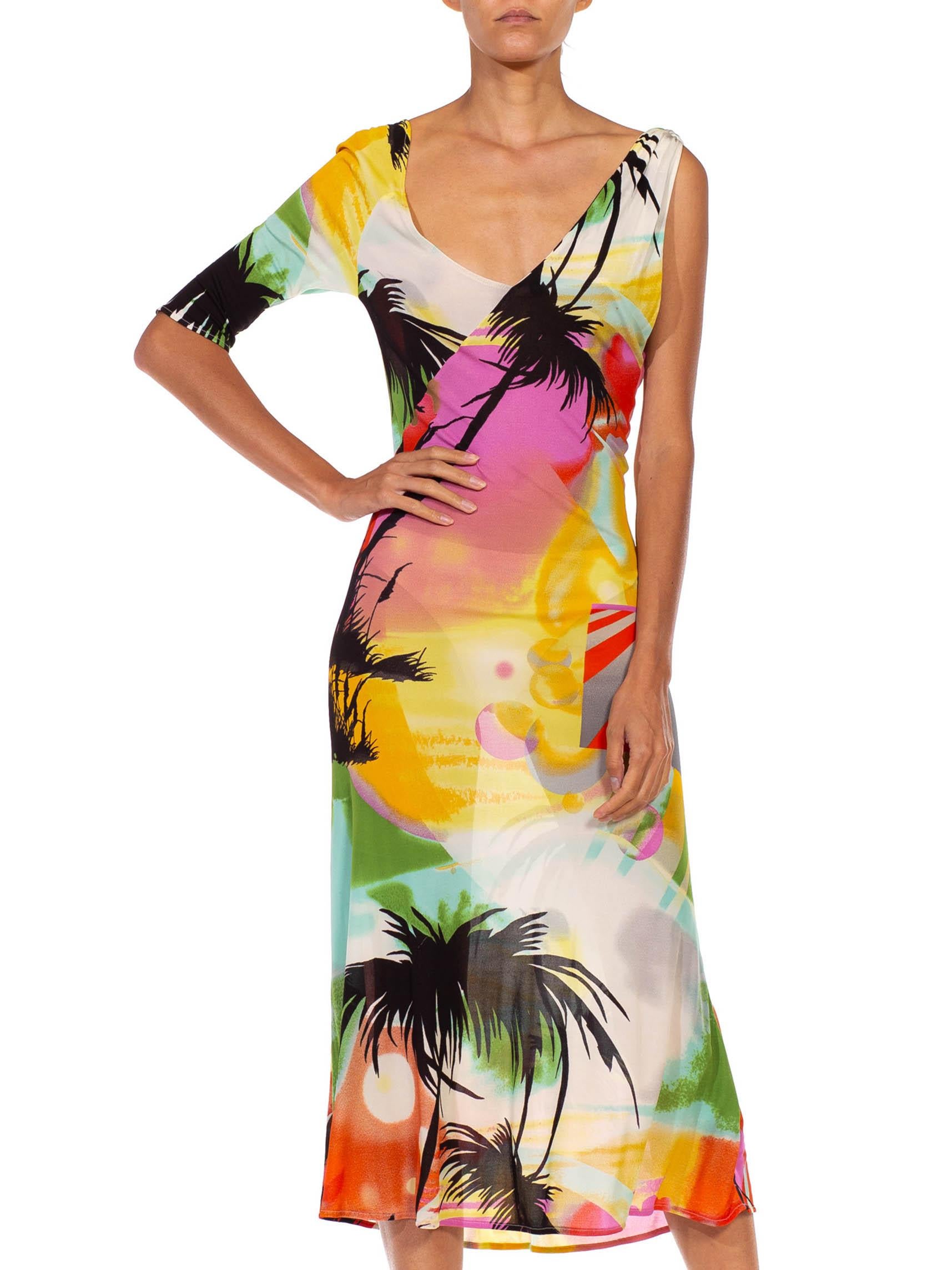 1990S CHRISTIAN LACROIX Multicolor Viscose & Rayon Island Abstract Print Dress In Excellent Condition In New York, NY