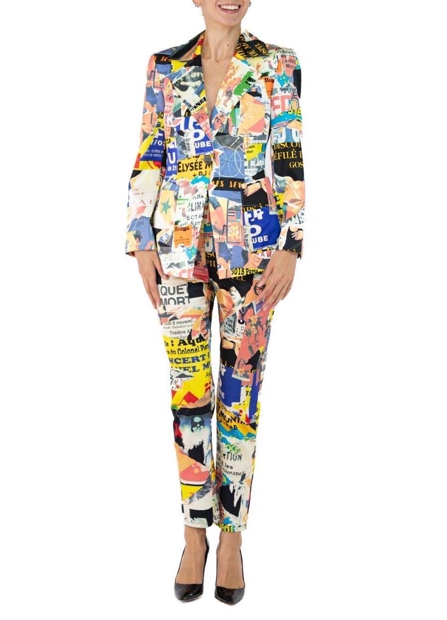 1990S Christian Lacroix Multicolored Rayon French Collage Pant & Jacket Ensemble In Excellent Condition For Sale In New York, NY