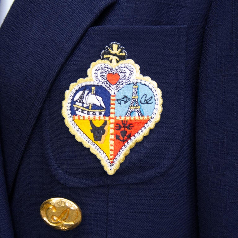 1990s Christian Lacroix Navy Blue Double Breasted Blazer with Crest For ...