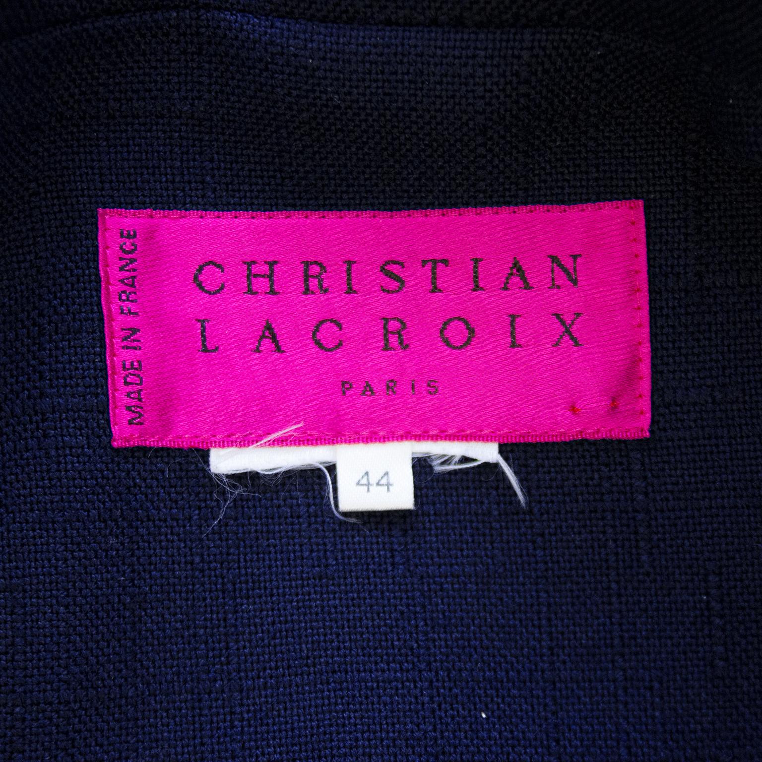 Black 1990s Christian Lacroix Navy Blue Double Breasted Blazer with Crest For Sale
