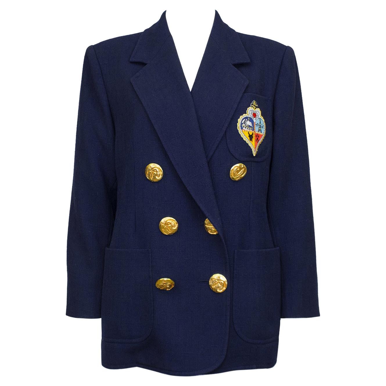 1990s Christian Lacroix Navy Blue Double Breasted Blazer with Crest
