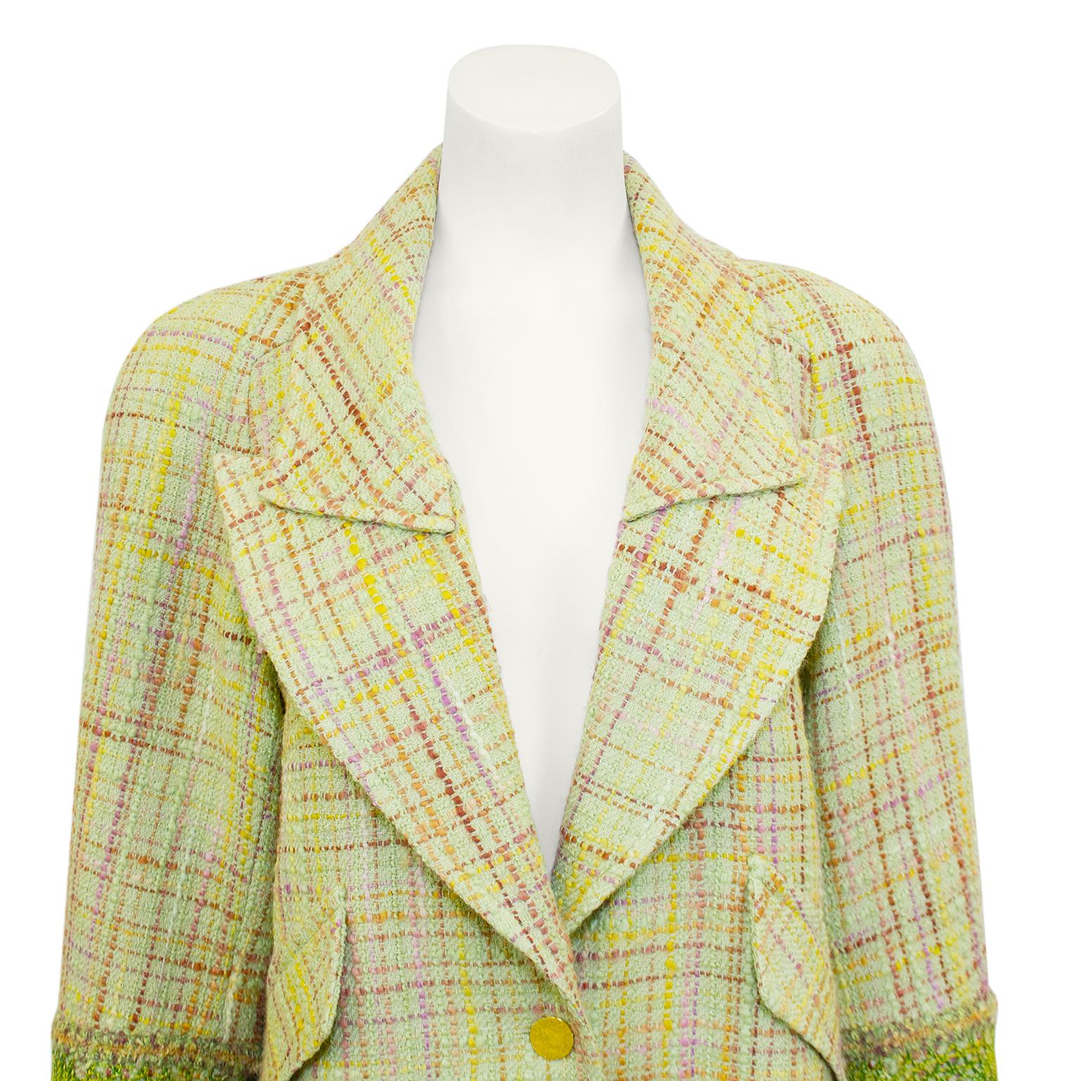 Beige 1990s Christian Lacroix Pastel Green Long Tweed Jacket and Skirt Ensemble For Sale