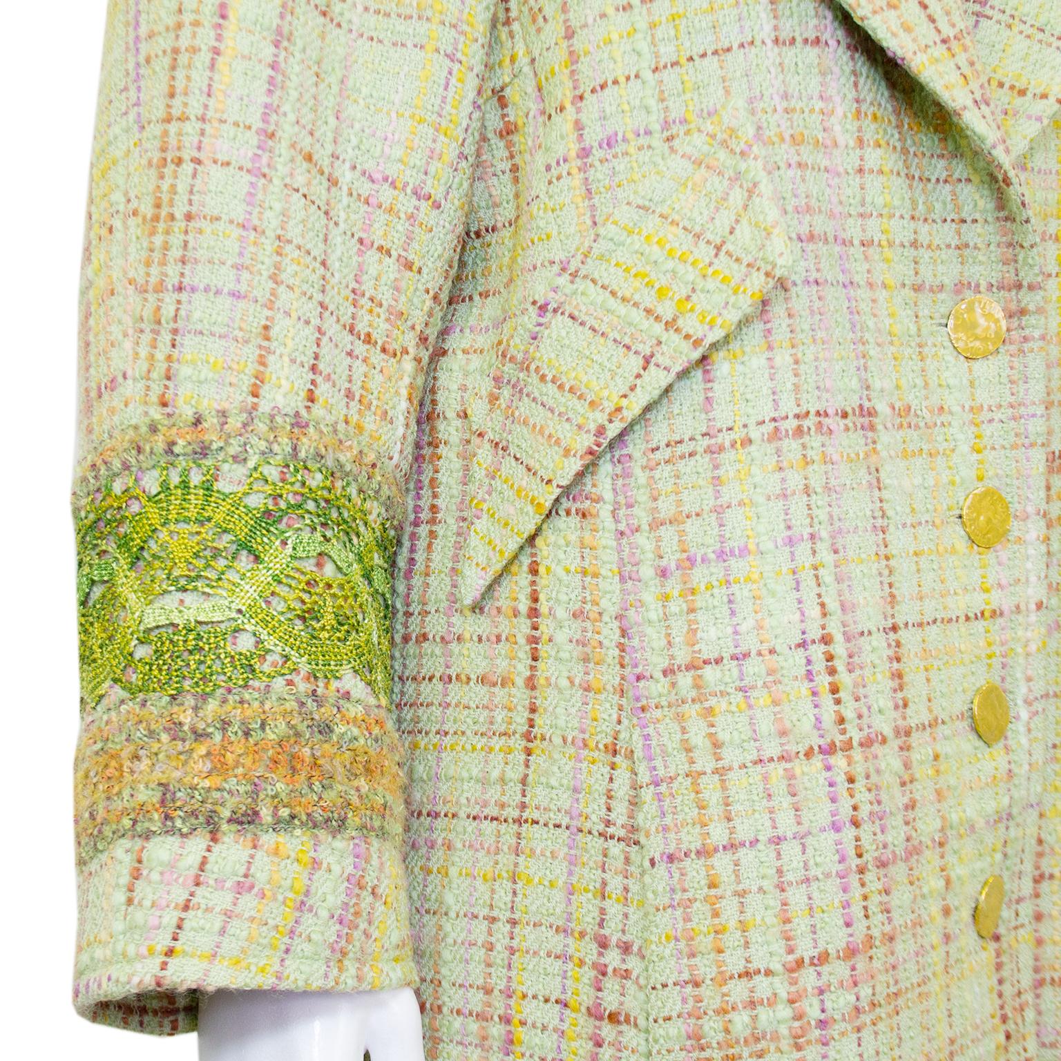 1990s Christian Lacroix Pastel Green Long Tweed Jacket and Skirt Ensemble In Good Condition For Sale In Toronto, Ontario