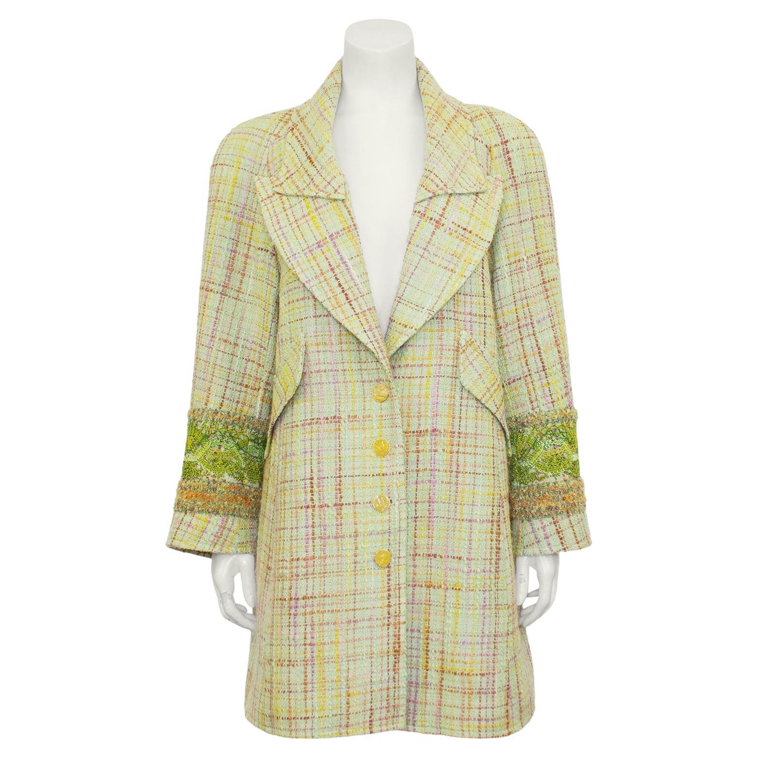 1990s Christian Lacroix Pastel Green Long Tweed Jacket and Skirt Ensemble