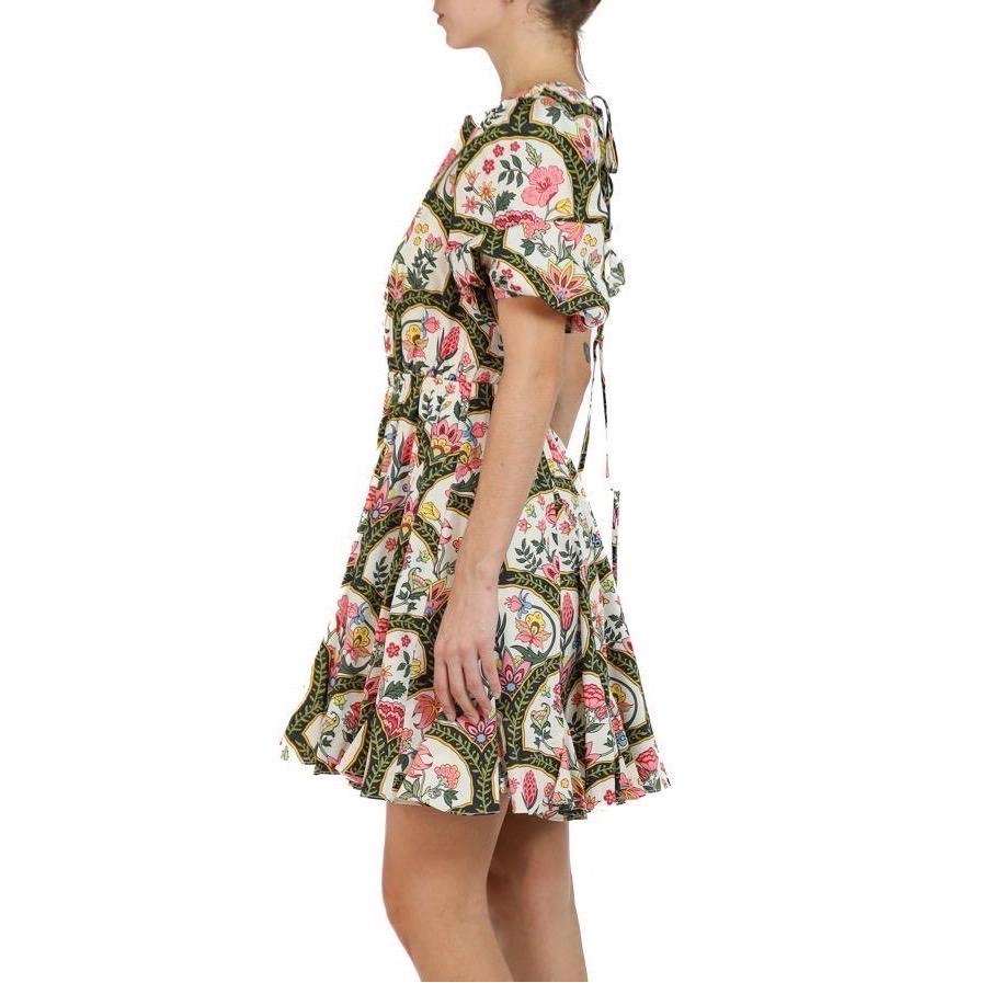 Beige 1990S Christian Lacroix Pink & Multicolor Floral Cotton Dress With Lace Up Back