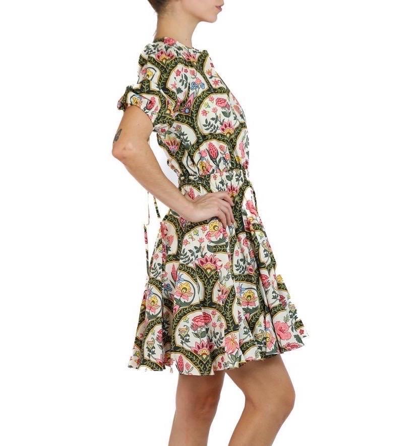 1990S Christian Lacroix Pink & Multicolor Floral Cotton Dress With Lace Up Back In Excellent Condition In New York, NY