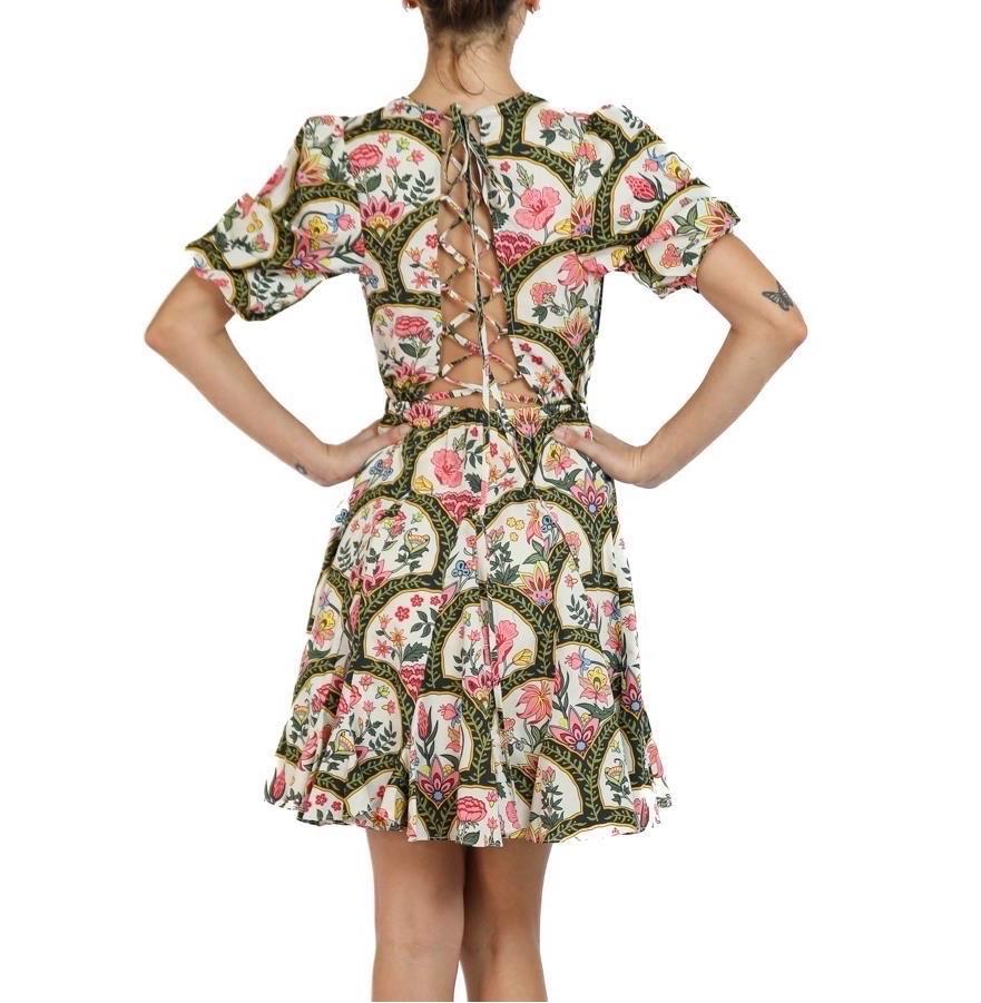 Women's 1990S Christian Lacroix Pink & Multicolor Floral Cotton Dress With Lace Up Back