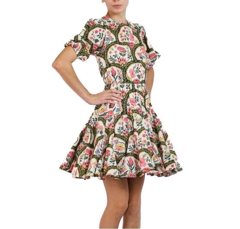 1990S Christian Lacroix Pink & Multicolor Floral Cotton Dress With Lace Up Back 1