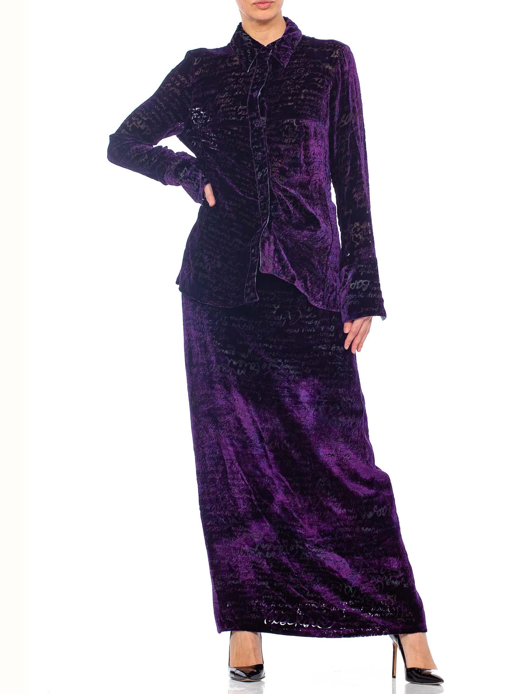 1990s CHRISTIAN LACROIX Purple Rayon & Silk Burnout Velvet Blouse & Skirt Ensemb 2