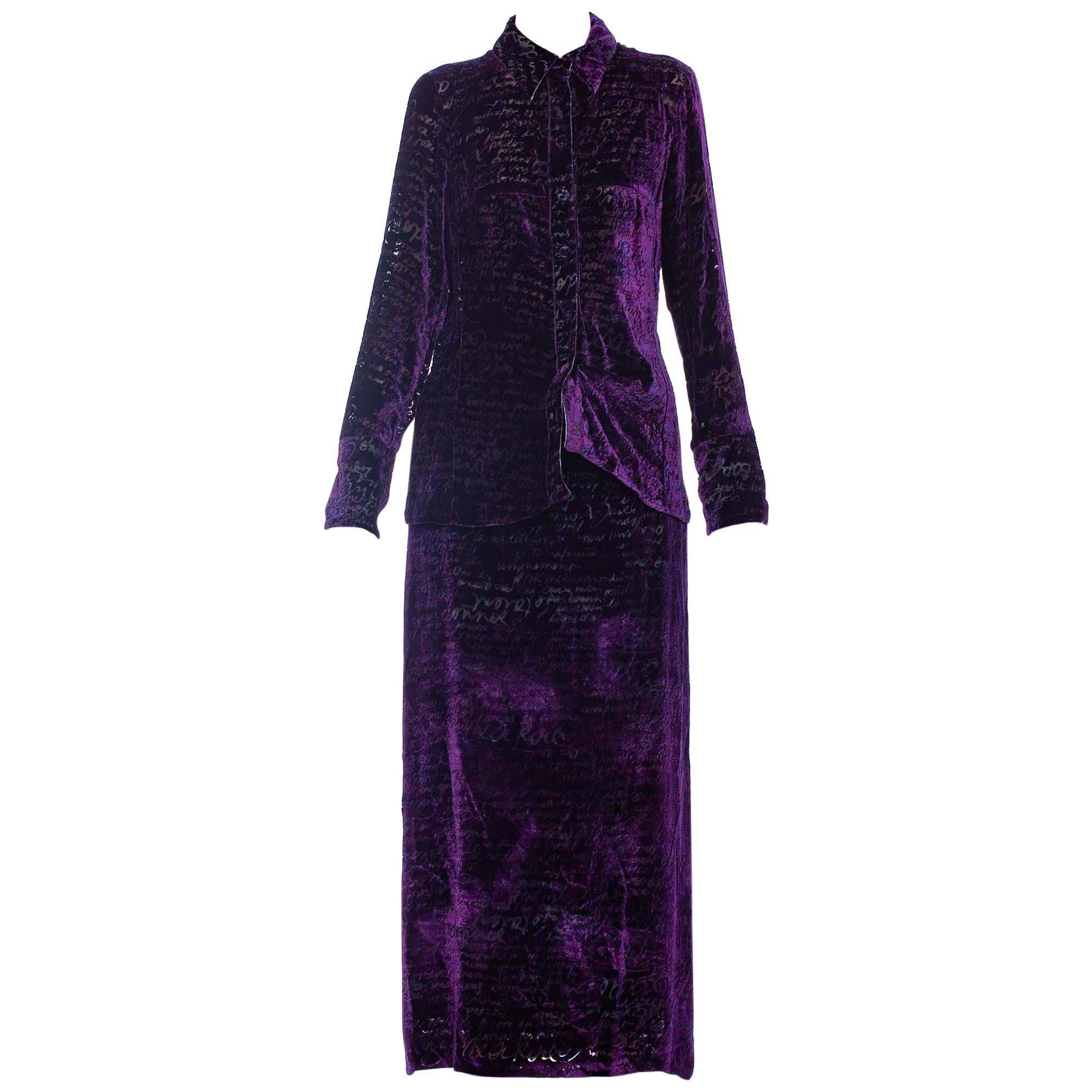 1990s CHRISTIAN LACROIX Purple Rayon & Silk Burnout Velvet Blouse & Skirt Ensemb