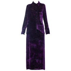 1990s CHRISTIAN LACROIX Purple Rayon & Silk Burnout Velvet Blouse & Skirt Ensemb