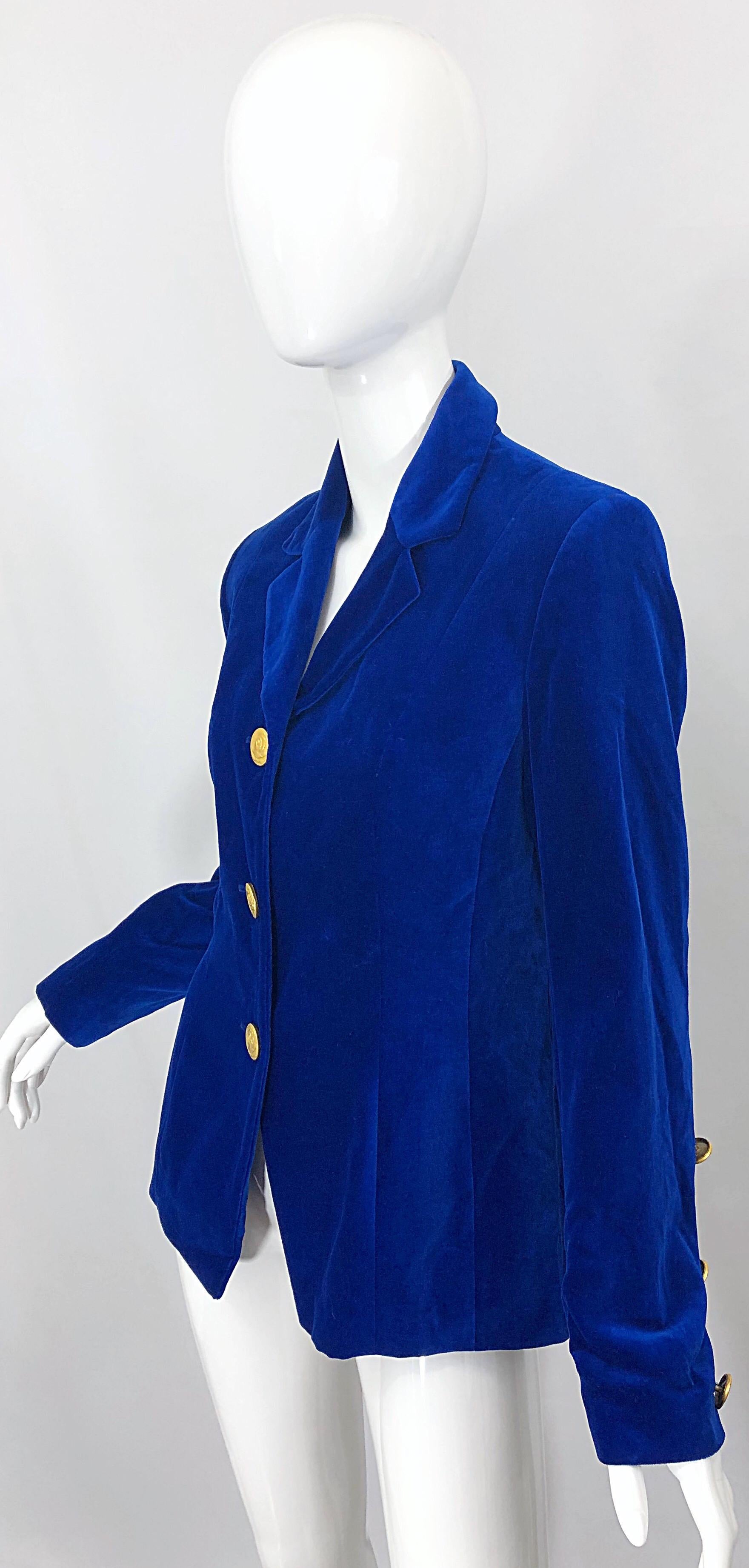 Women's 1990s Christian Lacroix Royal Cerulean Blue Velvet Vintage 90s Blazer Jacket 40 For Sale
