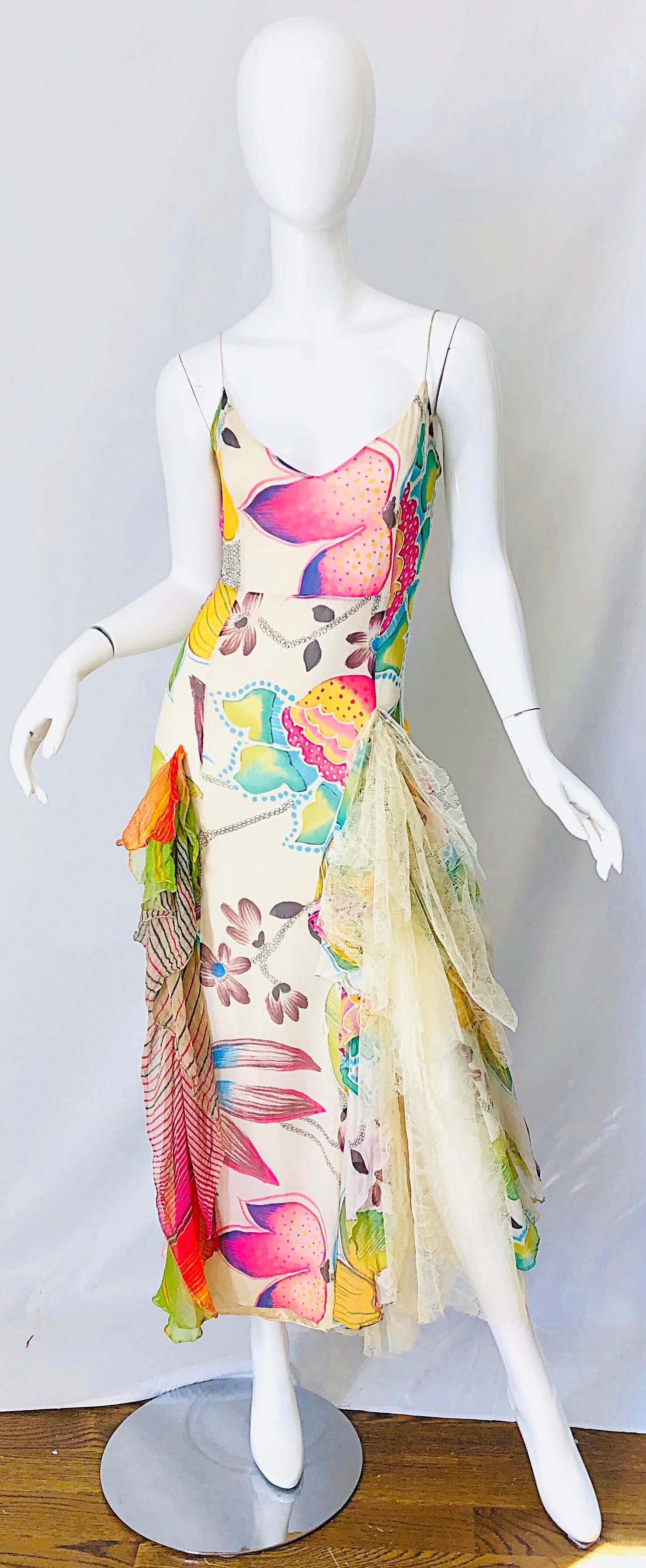1990s Christian Lacroix Silk Chiffon + Chantilly Lace Ruffle Vintage 90s Gown 5
