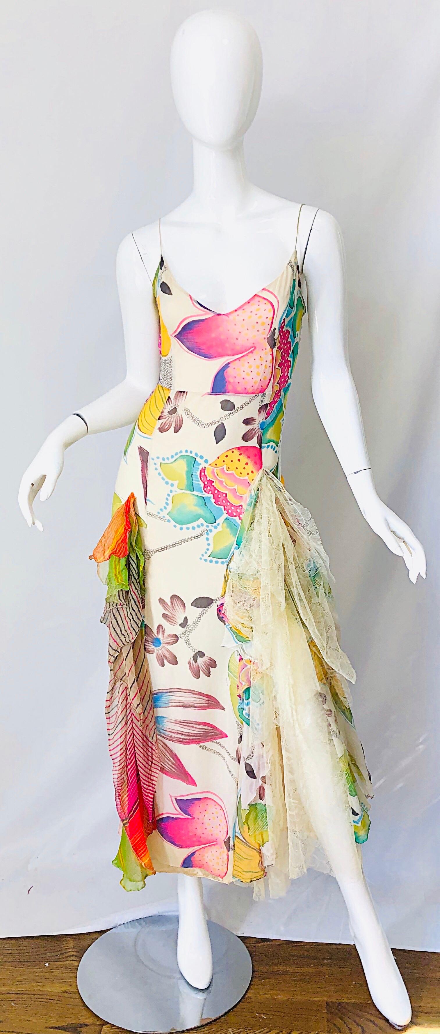Incredible vintage ( late 90s ) CHRISTIAN LACROIX silk chiffon + Chantilly lace spaghetti strap gown / maxi dress ! Features an invory backdrop with vibrant colors of hot pink, green, yellow, orange, blue, turquoise, and purple throughout. Hidden