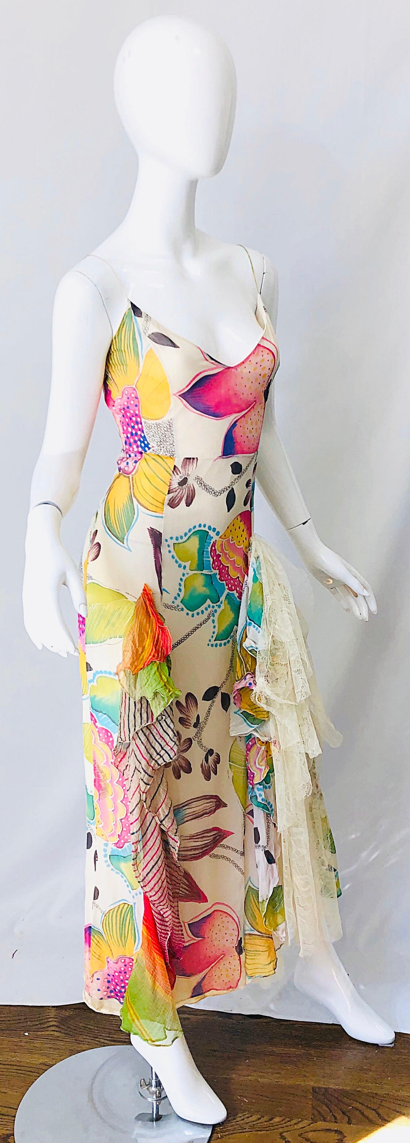 Beige 1990s Christian Lacroix Silk Chiffon + Chantilly Lace Ruffle Vintage 90s Gown