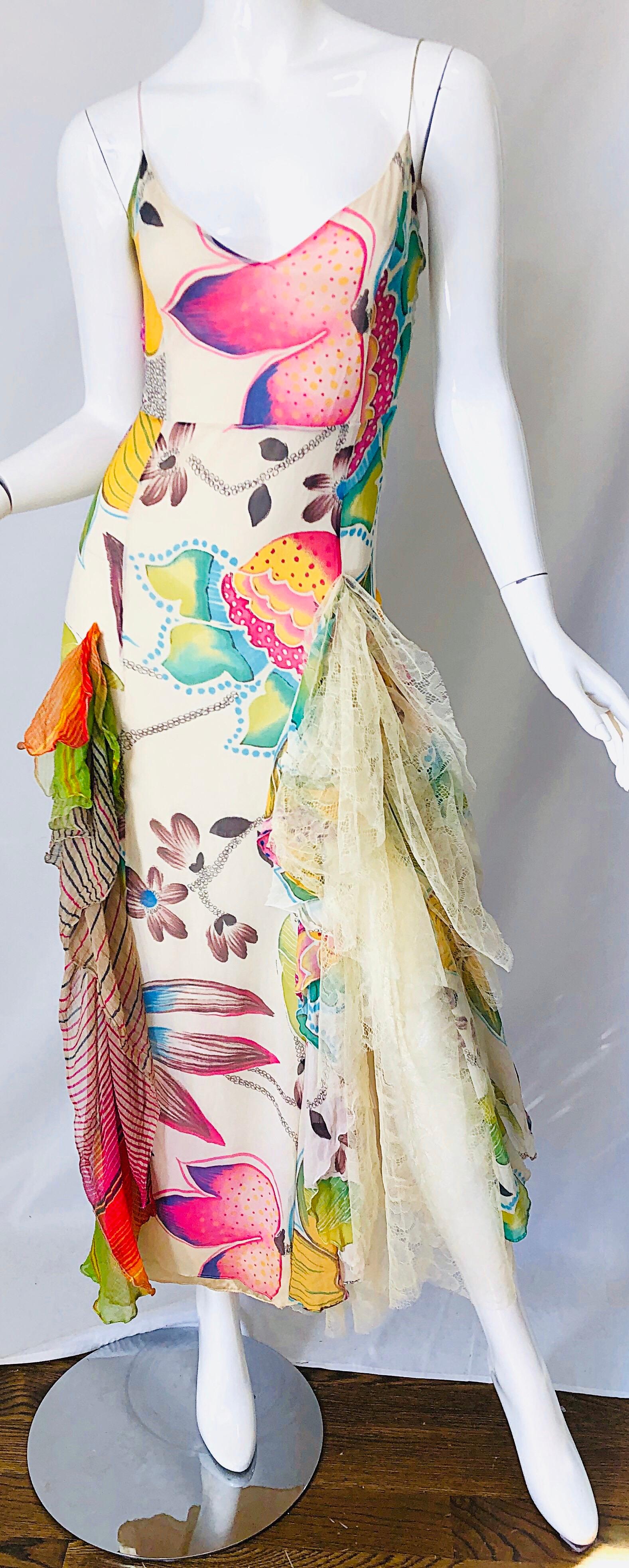 Women's 1990s Christian Lacroix Silk Chiffon + Chantilly Lace Ruffle Vintage 90s Gown