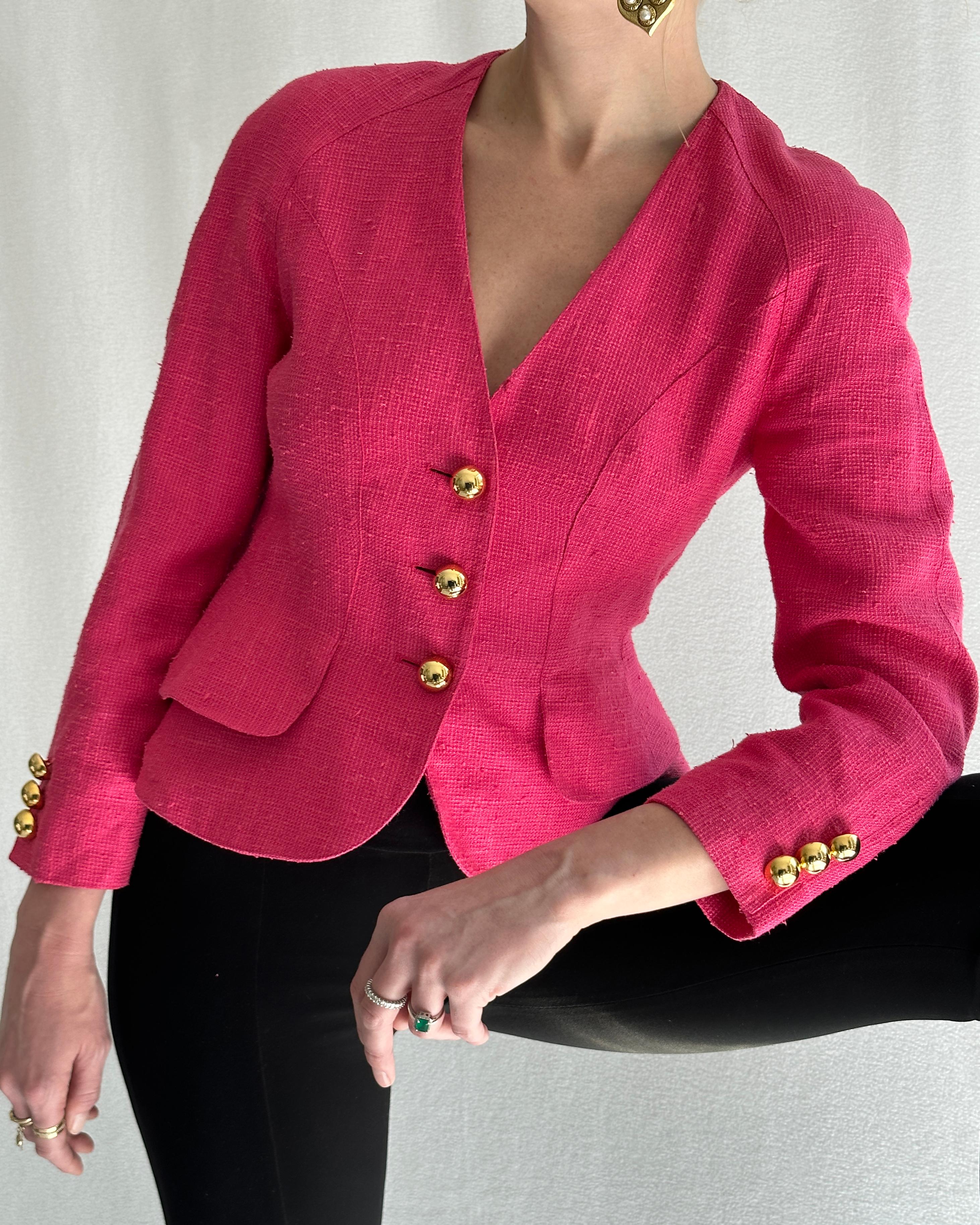 VERY BREEZY presents: Circa early 1990s, this Christian Lacroix Pret-a-Porter blazer is perfection, with masterful construction creating an hourglass shape. The gorgeous slub of the silk/linen fabric is further emphasized by the gorgeous hot pink—