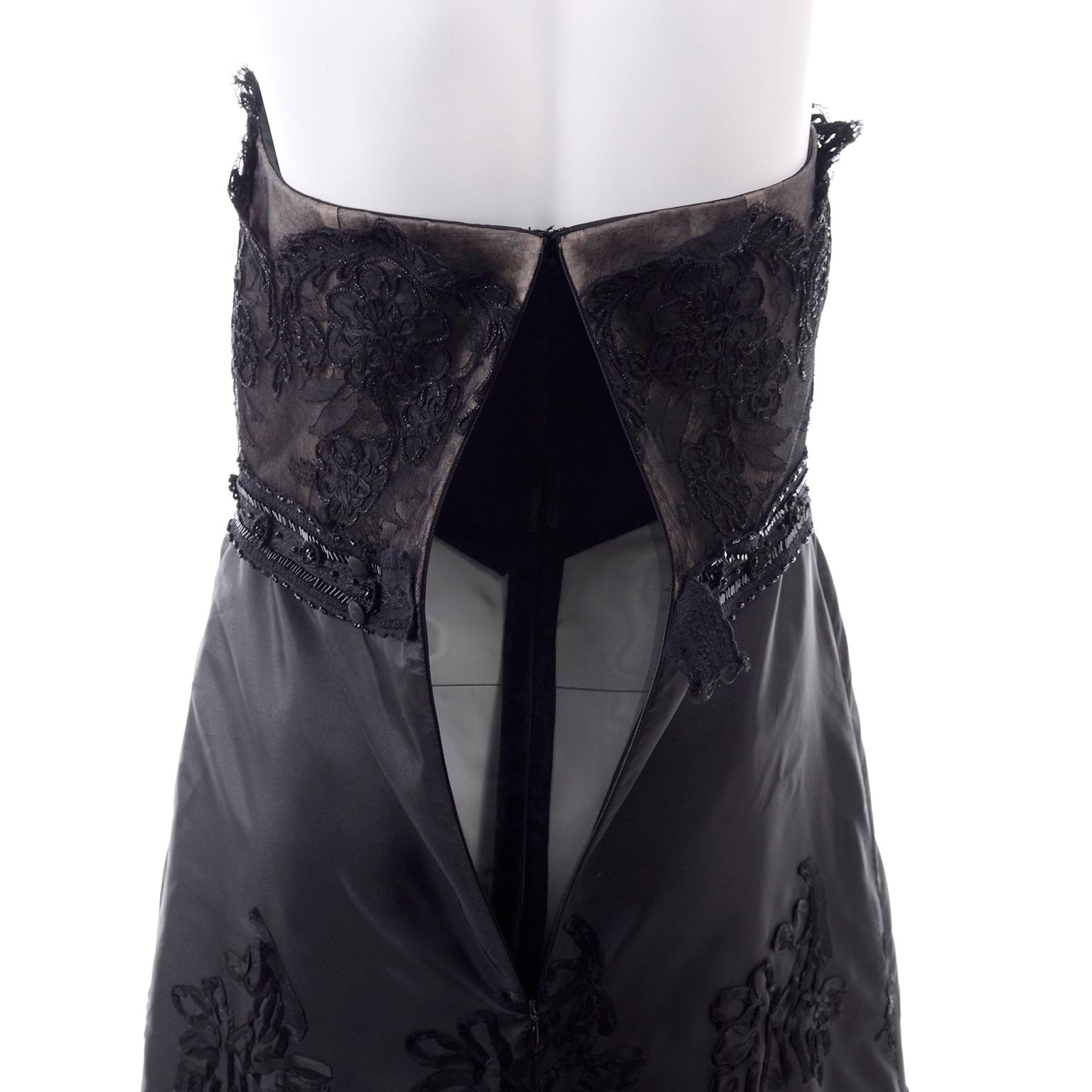 1990s Christian Lacroix Vintage Black Lace & Satin Strapless Evening Dress 10